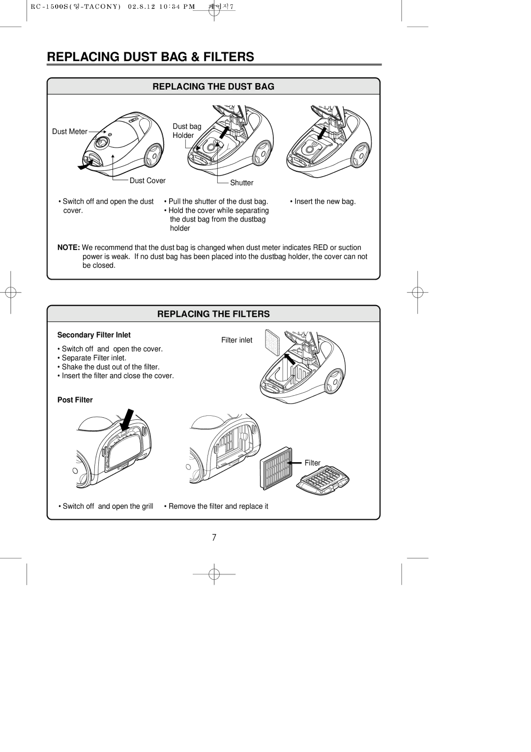 Riccar RC-1500S manual Replacing Dust BAG & Filters, Replacing the Dust BAG, Replacing the Filters, Secondary Filter Inlet 