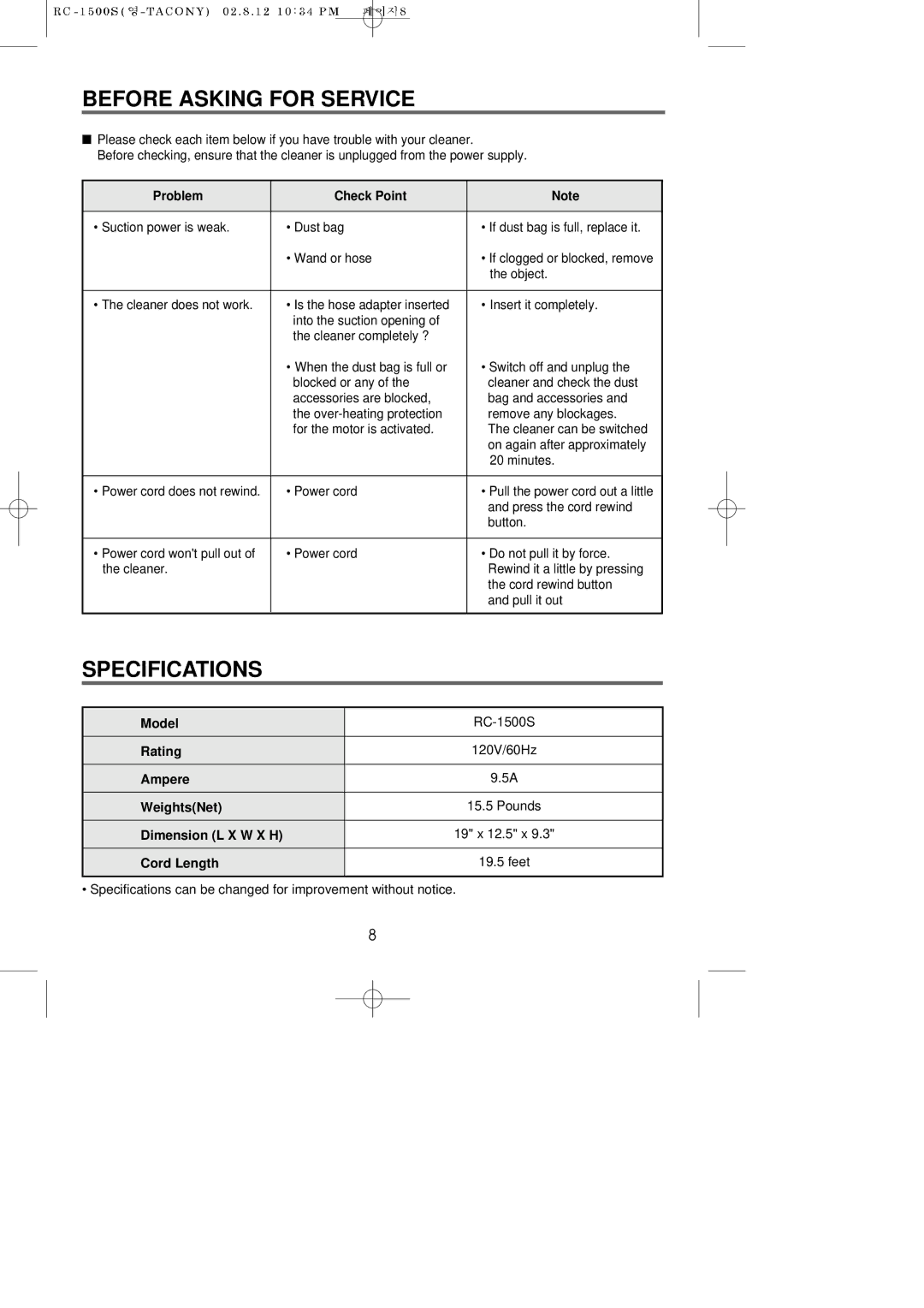 Riccar RC-1500S manual Before Asking for Service, Specifications, Problem Check Point 