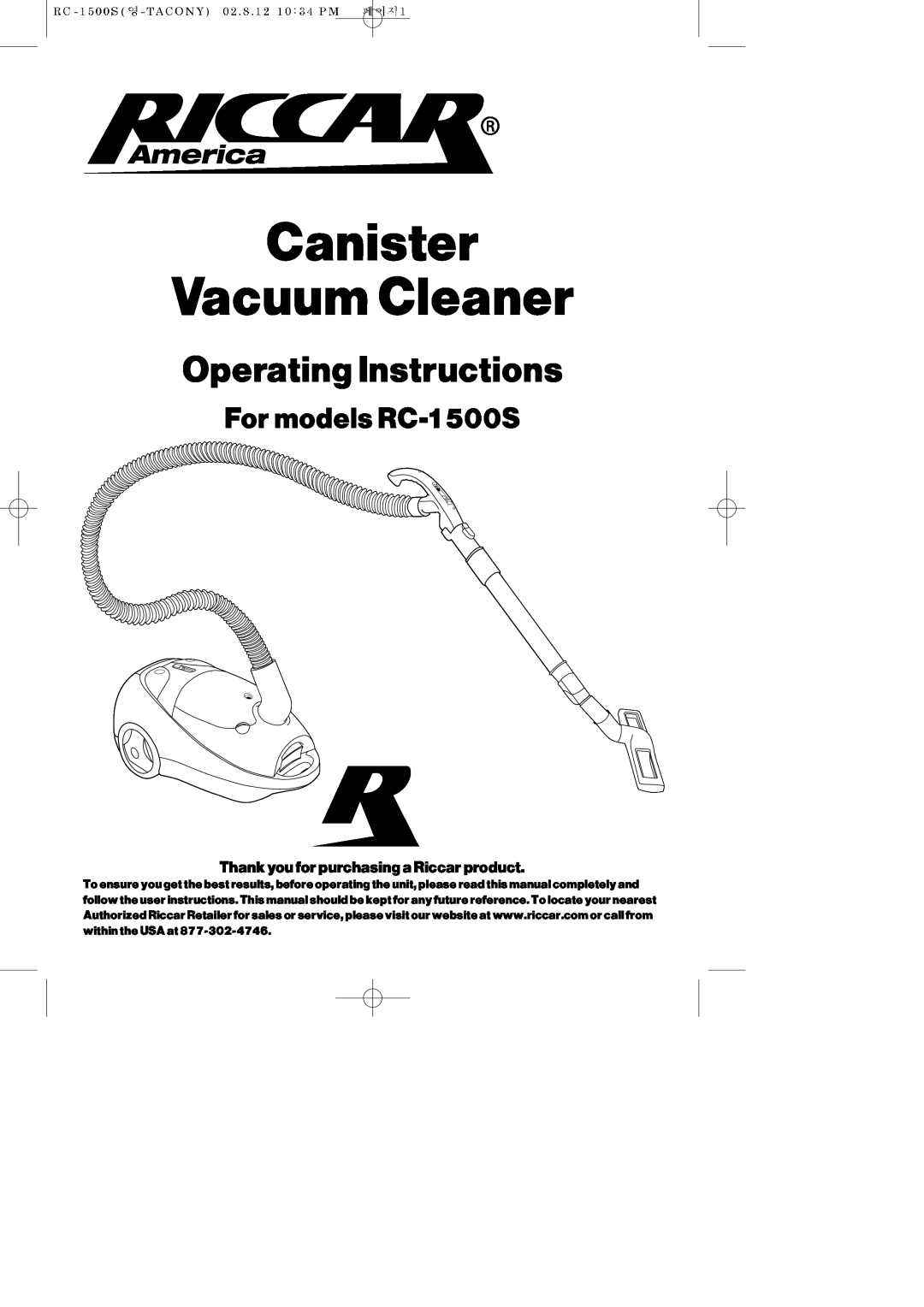 Riccar manual Canister Vacuum Cleaner, Operating Instructions, For models RC-1500S 