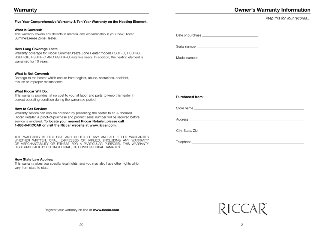 Riccar RSBH-O, RSBHP-C, RSBH-SB, RSBHP-O, RSBH-C owner manual Owner’s Warranty Information 