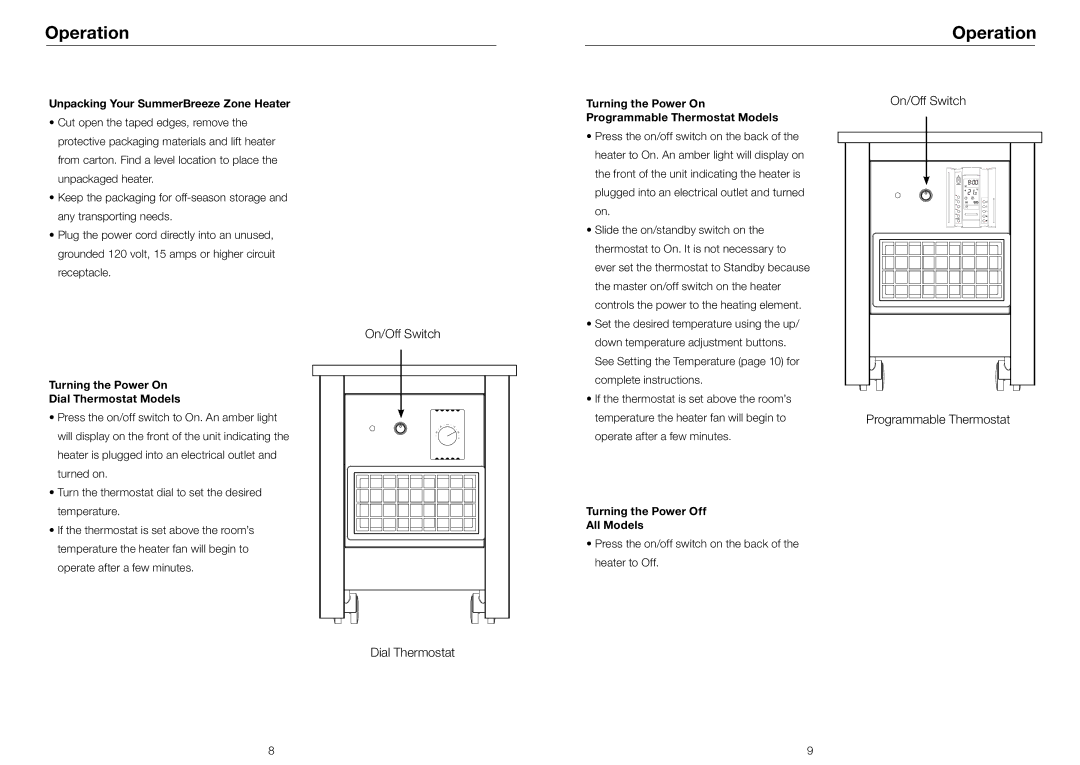 Riccar RSBH-SB Operation, Unpacking Your SummerBreeze Zone Heater, Turning the Power On Programmable Thermostat Models 