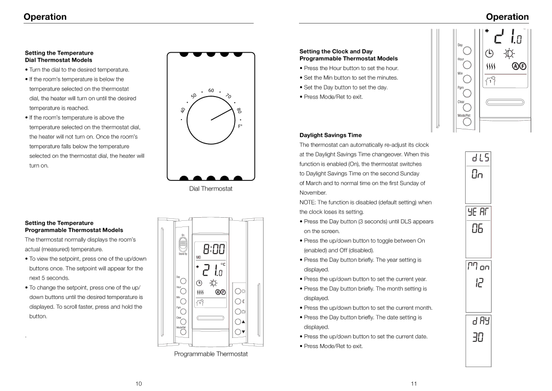 Riccar RSBH-O Setting the Temperature Dial Thermostat Models, Setting the Temperature Programmable Thermostat Models 