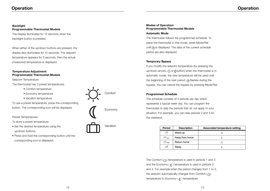 Riccar RSBHP-O, RSBHP-C Backlight Programmable Thermostat Models, Temperature Adjustment Programmable Thermostat Models 