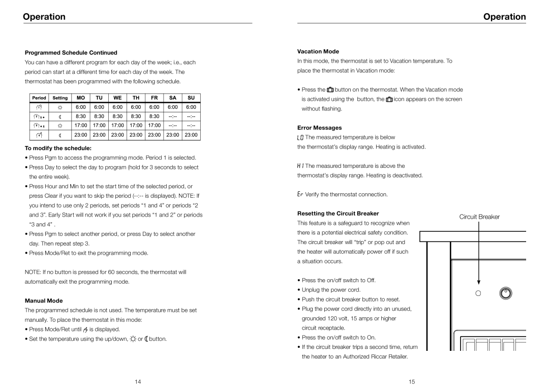 Riccar RSBH-C, RSBHP-C Vacation Mode, To modify the schedule, Manual Mode, Error Messages, Resetting the Circuit Breaker 