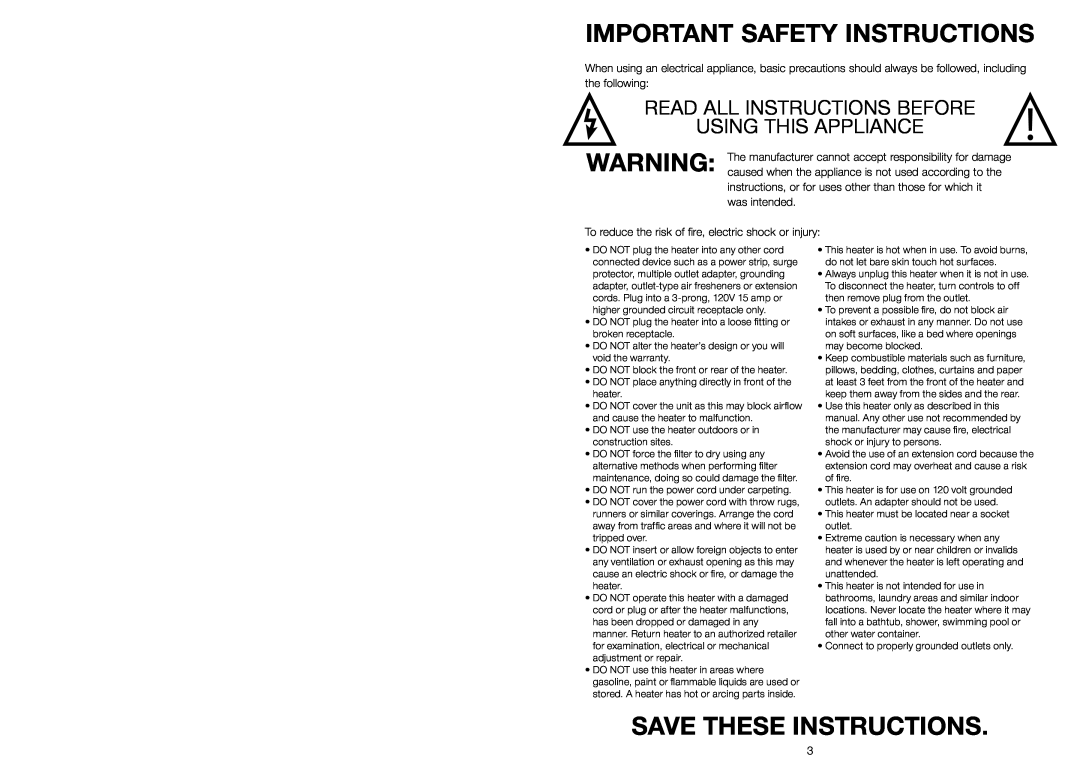 Riccar RSBHP-O Important Safety Instructions, Save These Instructions, Read All Instructions Before Using This Appliance 
