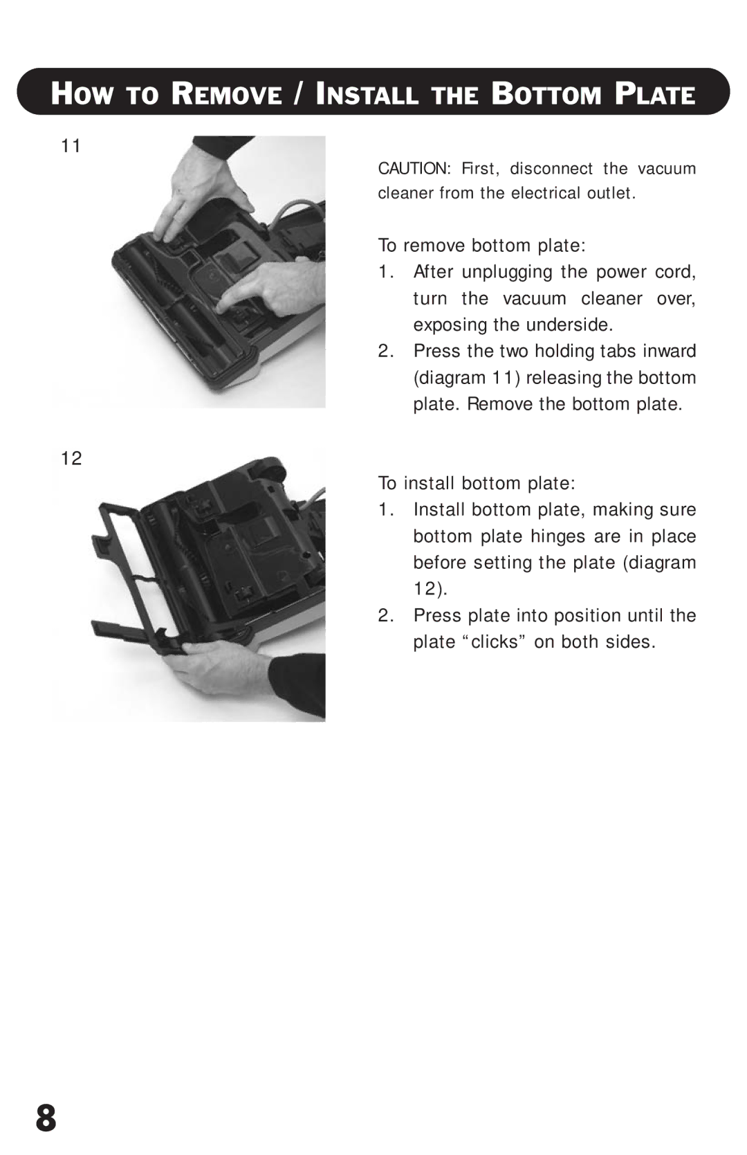 Riccar RSL2C, RSL1 owner manual HOW to Remove / Install the Bottom Plate 