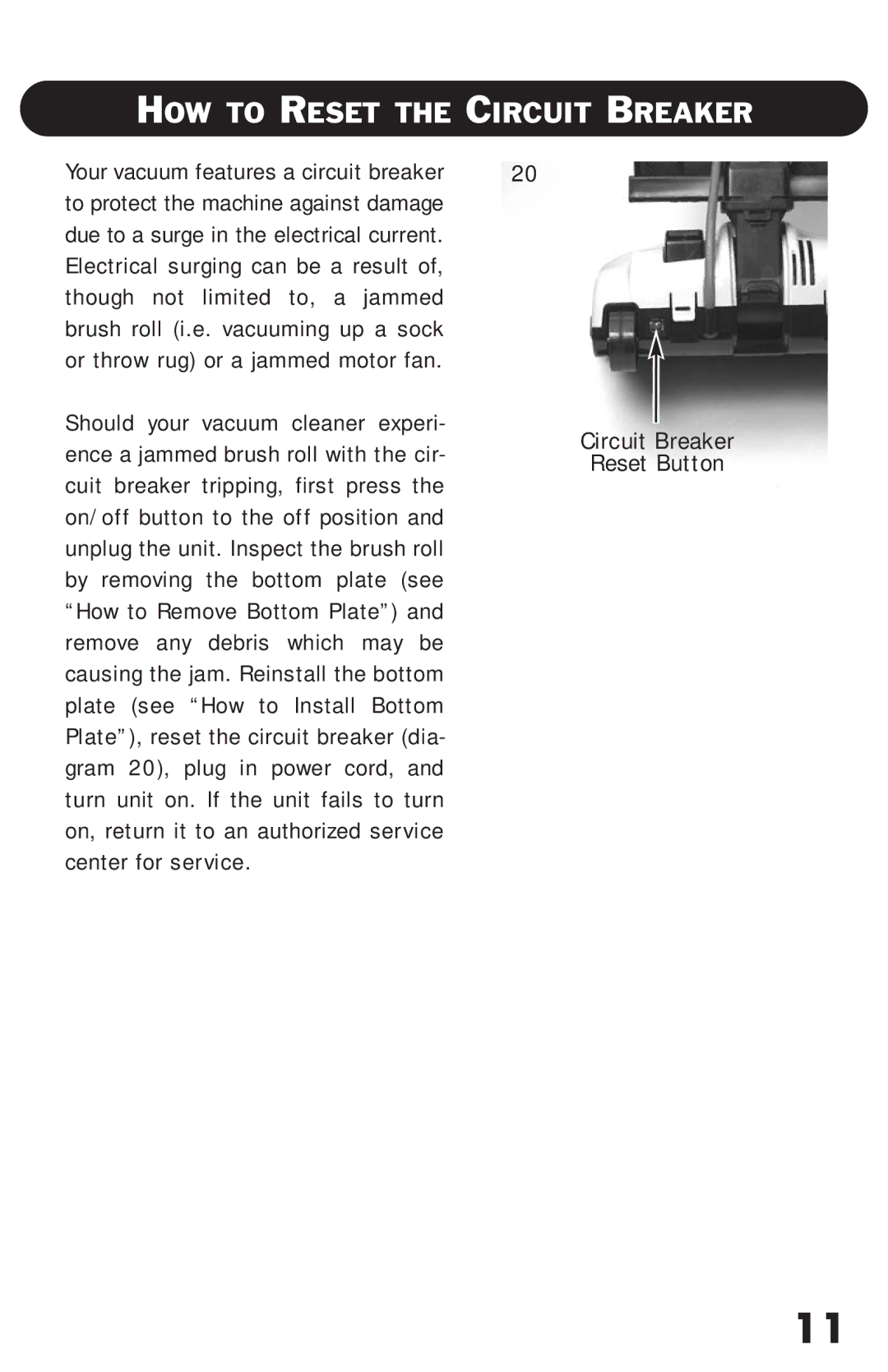 Riccar RSL2C, RSL1 owner manual HOW to Reset the Circuit Breaker 