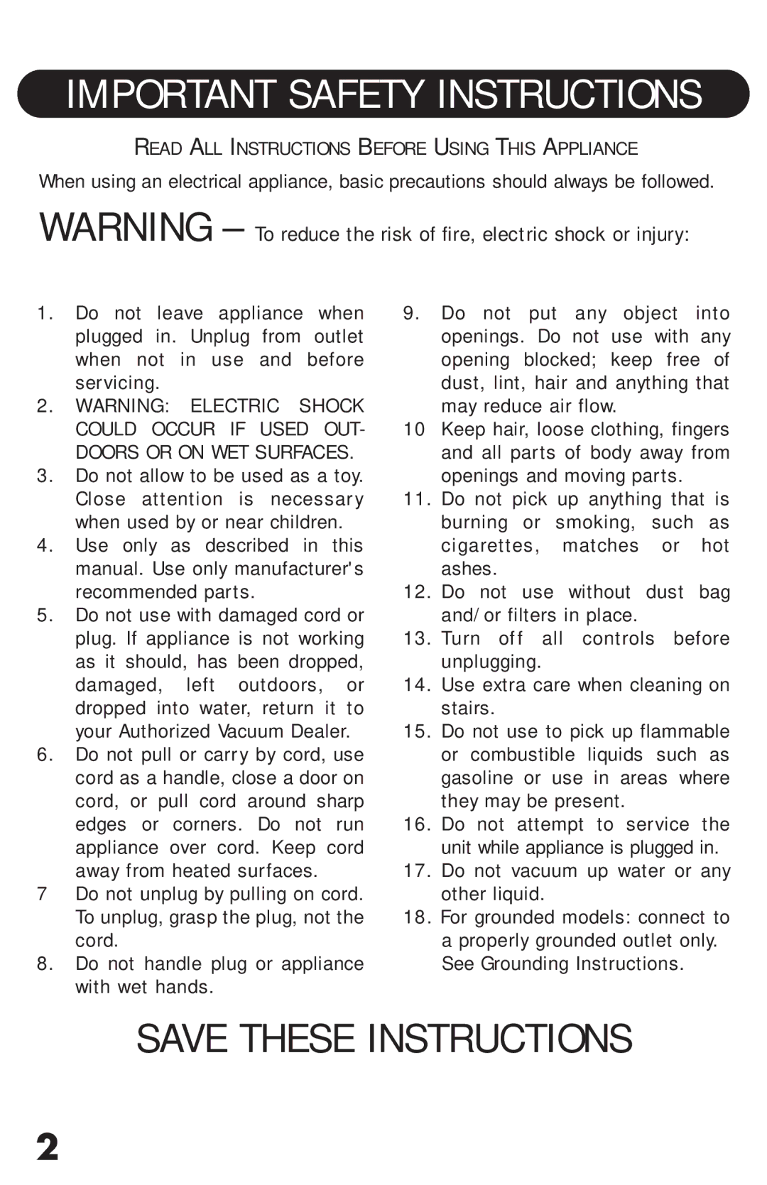 Riccar RSL2C, RSL1 owner manual Important Safety Instructions 