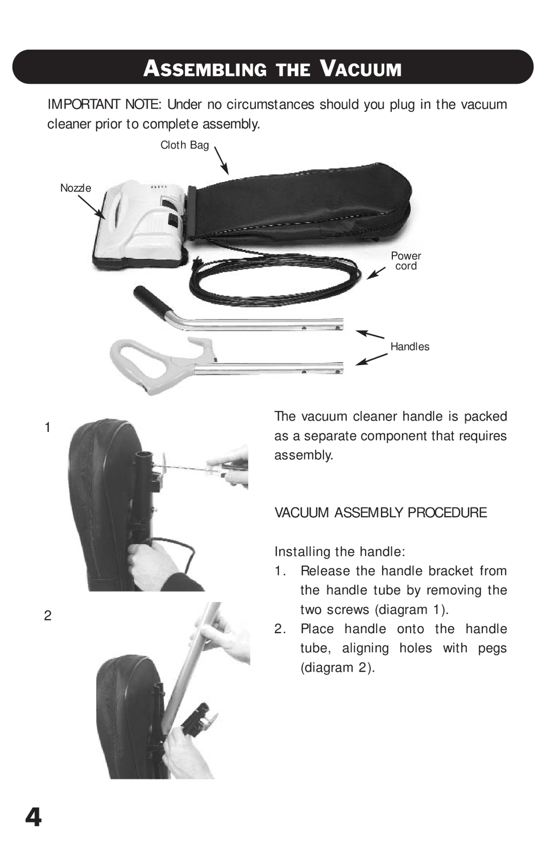 Riccar RSL2C, RSL1 owner manual Assembling the Vacuum, Vacuum Assembly Procedure 