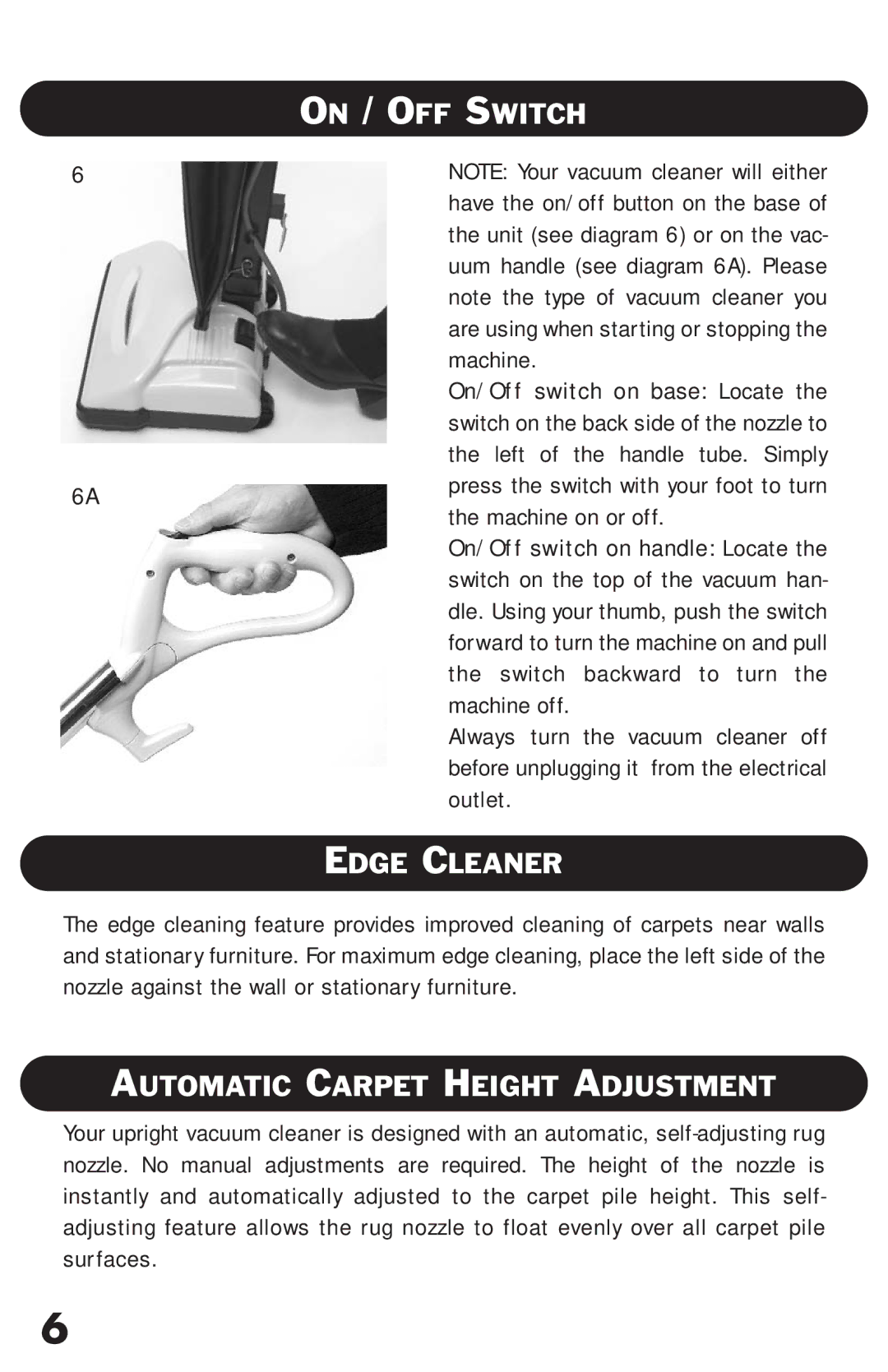 Riccar RSL1, RSL2C owner manual On / OFF Switch, Edge Cleaner, Automatic Carpet Height Adjustment 