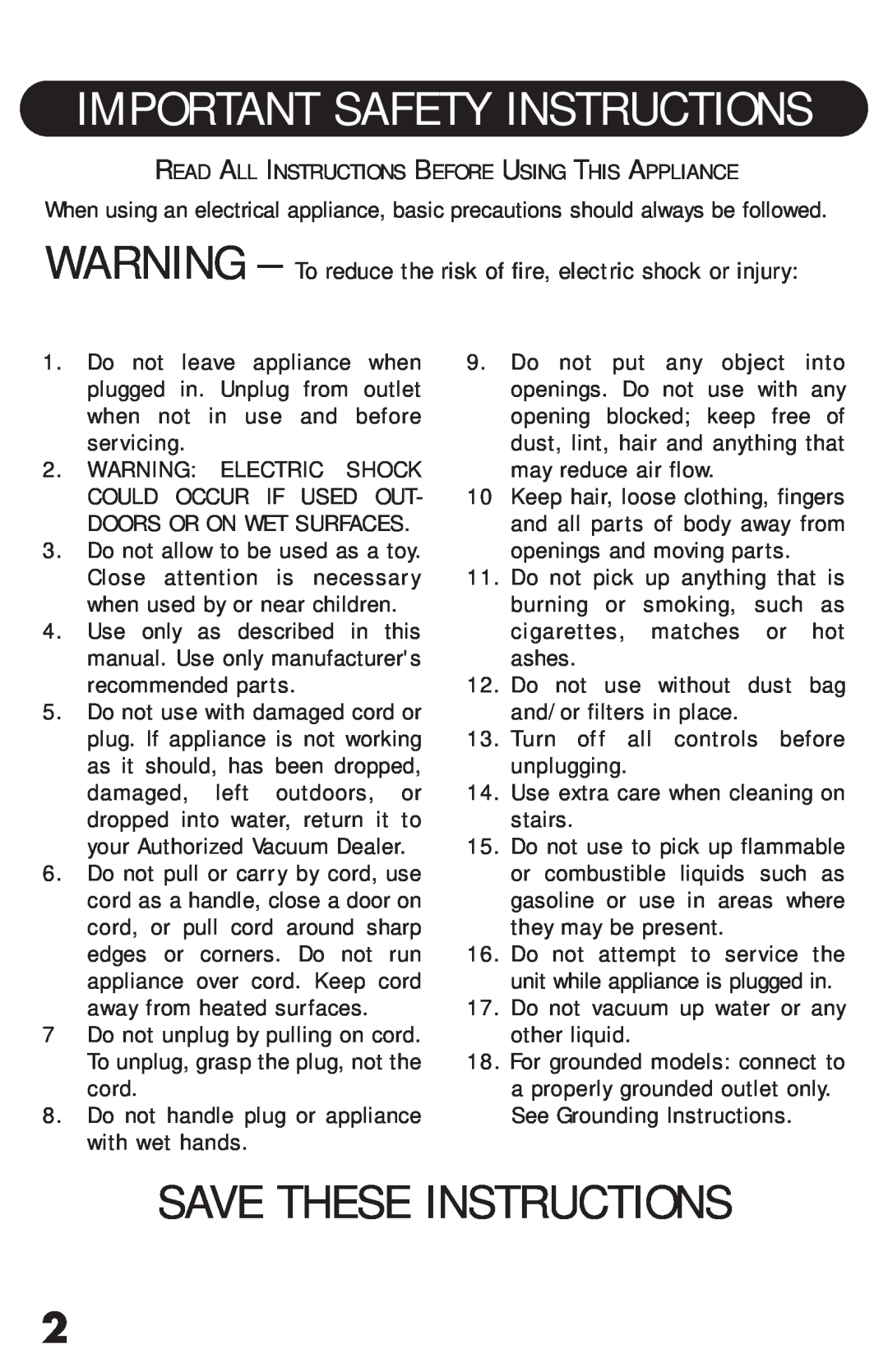 Riccar RSL2C, RSL1 owner manual Important Safety Instructions, Save These Instructions 