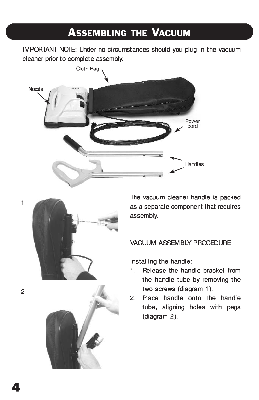 Riccar RSL2C, RSL1 owner manual Assembling The Vacuum 