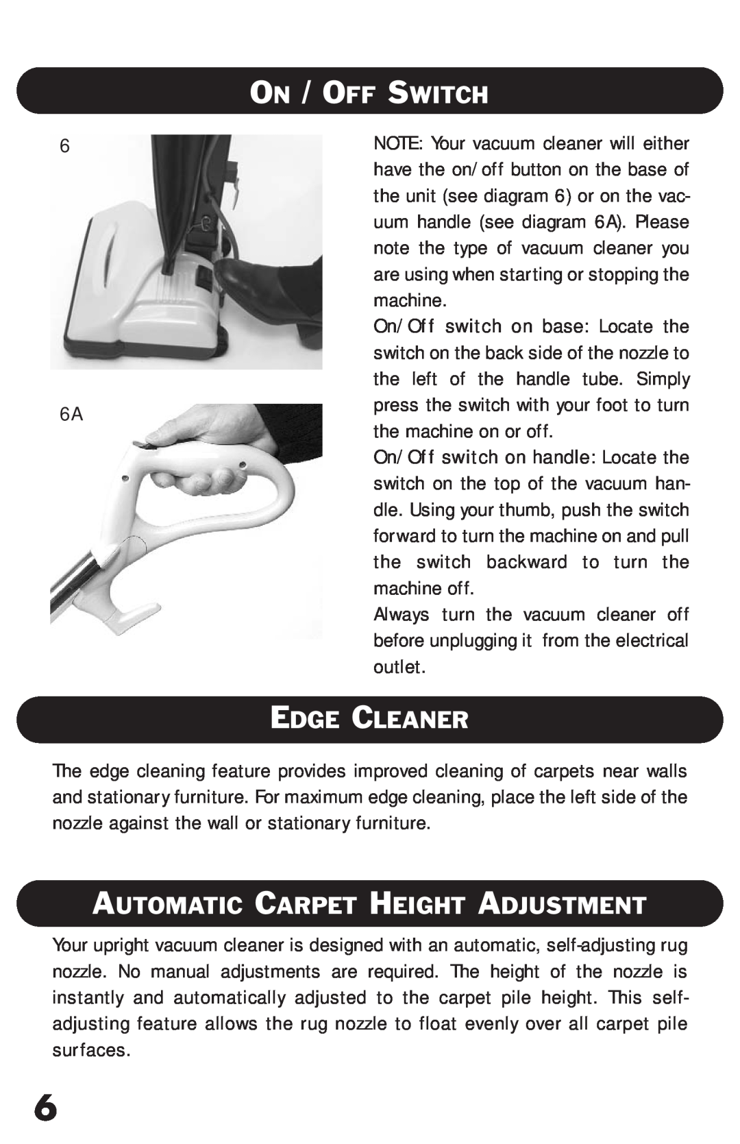 Riccar RSL1, RSL2C owner manual On / Off Switch, Edge Cleaner, Automatic Carpet Height Adjustment 