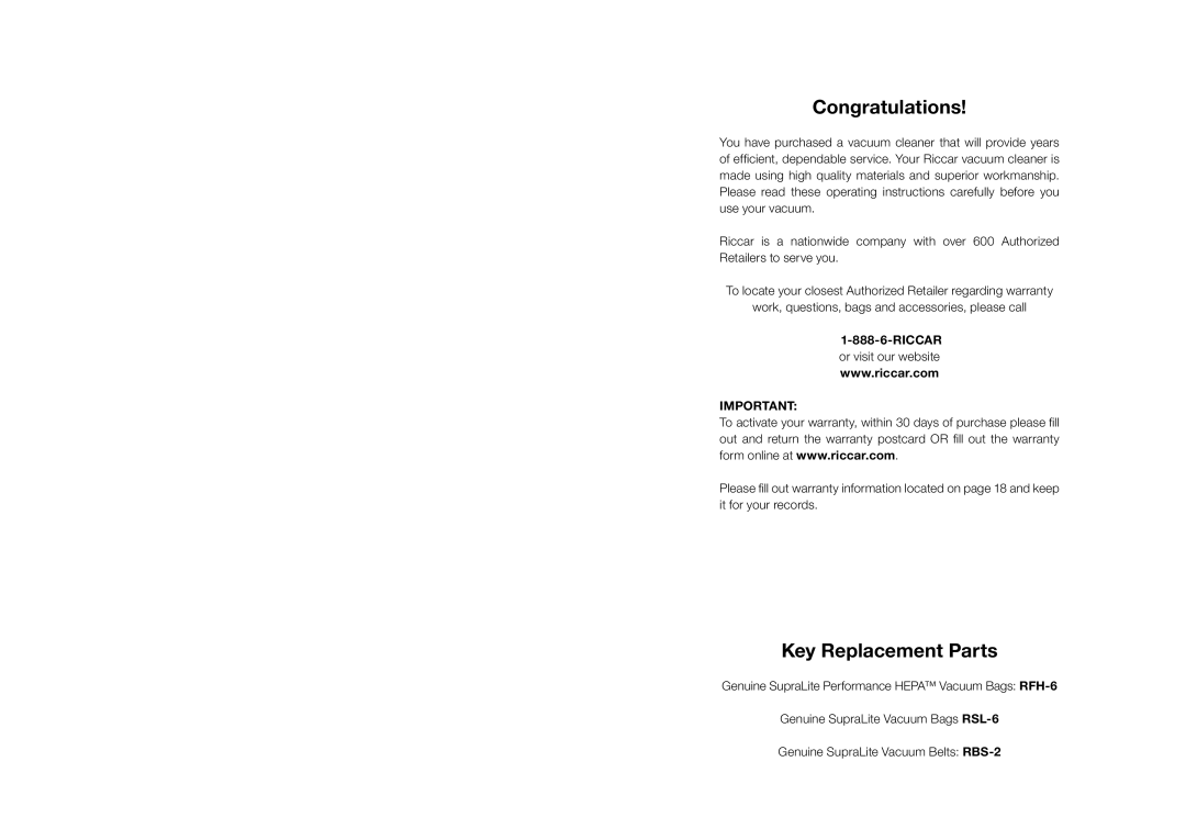 Riccar RSL4, RSL3C, RSL5C, RSL1AC owner manual Congratulations, Key Replacement Parts, Riccar 