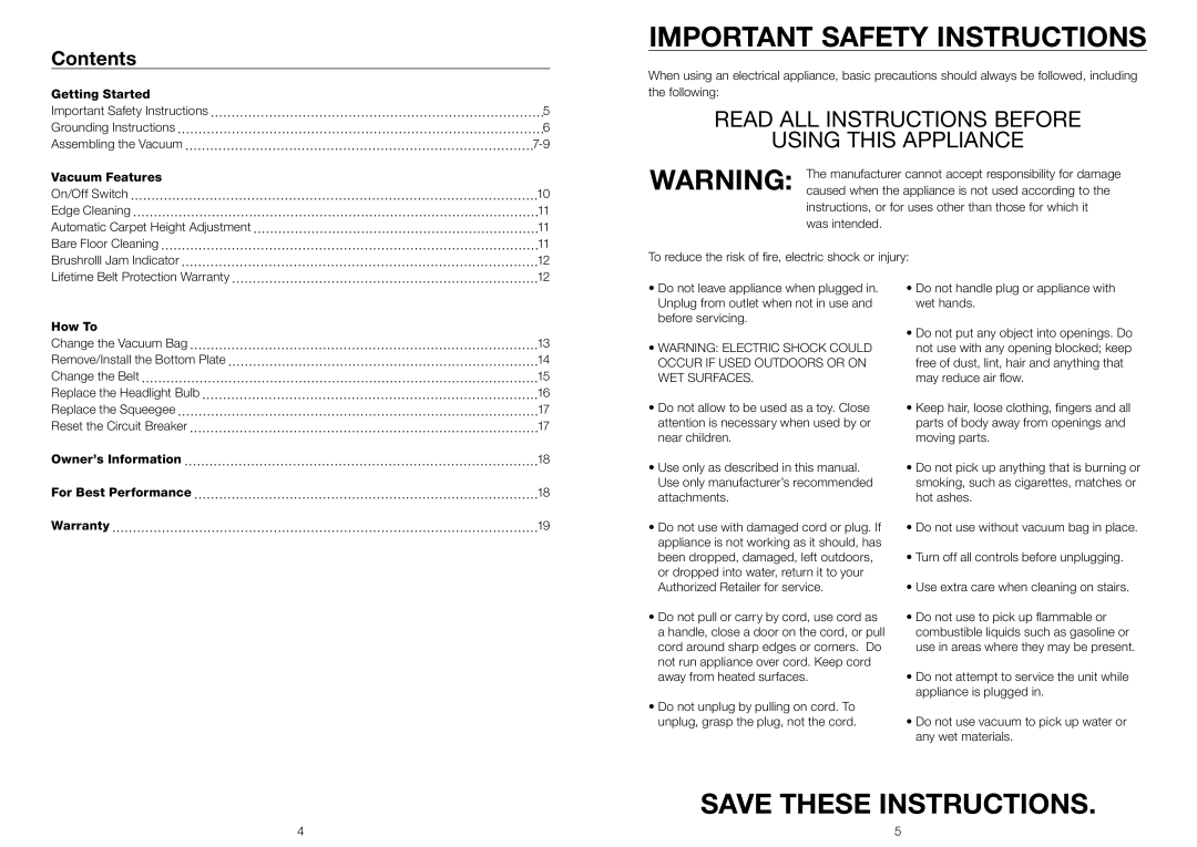 Riccar RSL3C, RSL4, RSL5C, RSL1AC owner manual Important Safety Instructions, Contents 