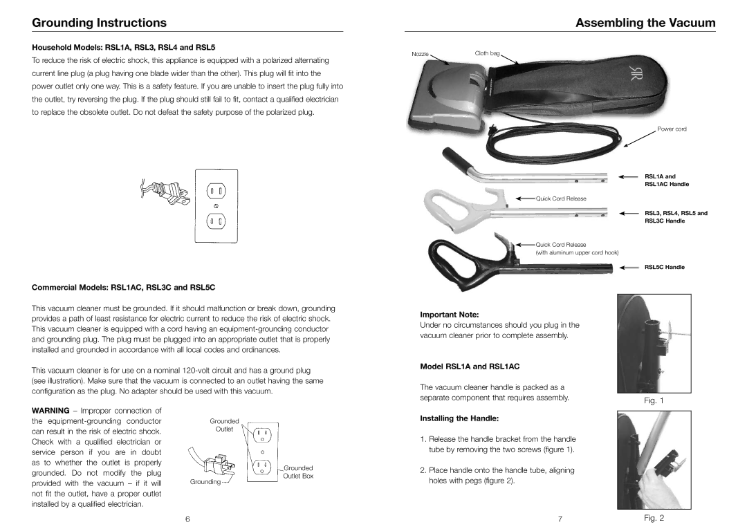 Riccar RSL5C, RSL4, RSL3C, RSL1AC owner manual Grounding Instructions, Assembling the Vacuum 