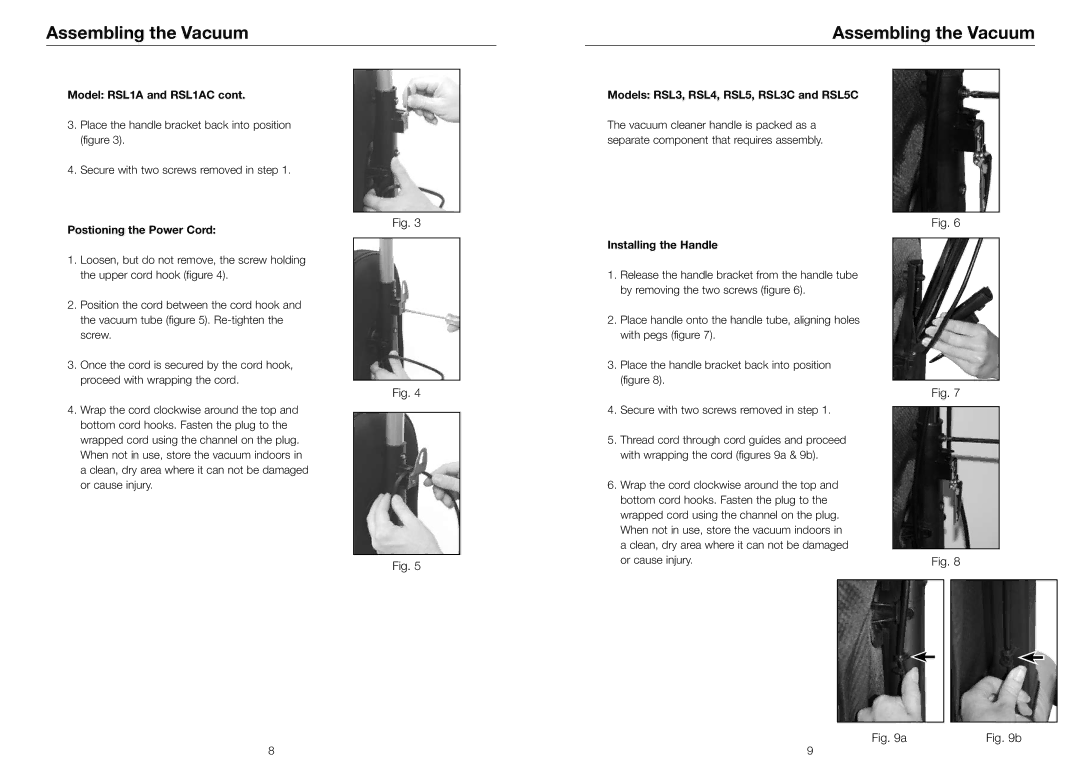 Riccar RSL1AC owner manual Postioning the Power Cord, Models RSL3, RSL4, RSL5, RSL3C and RSL5C 