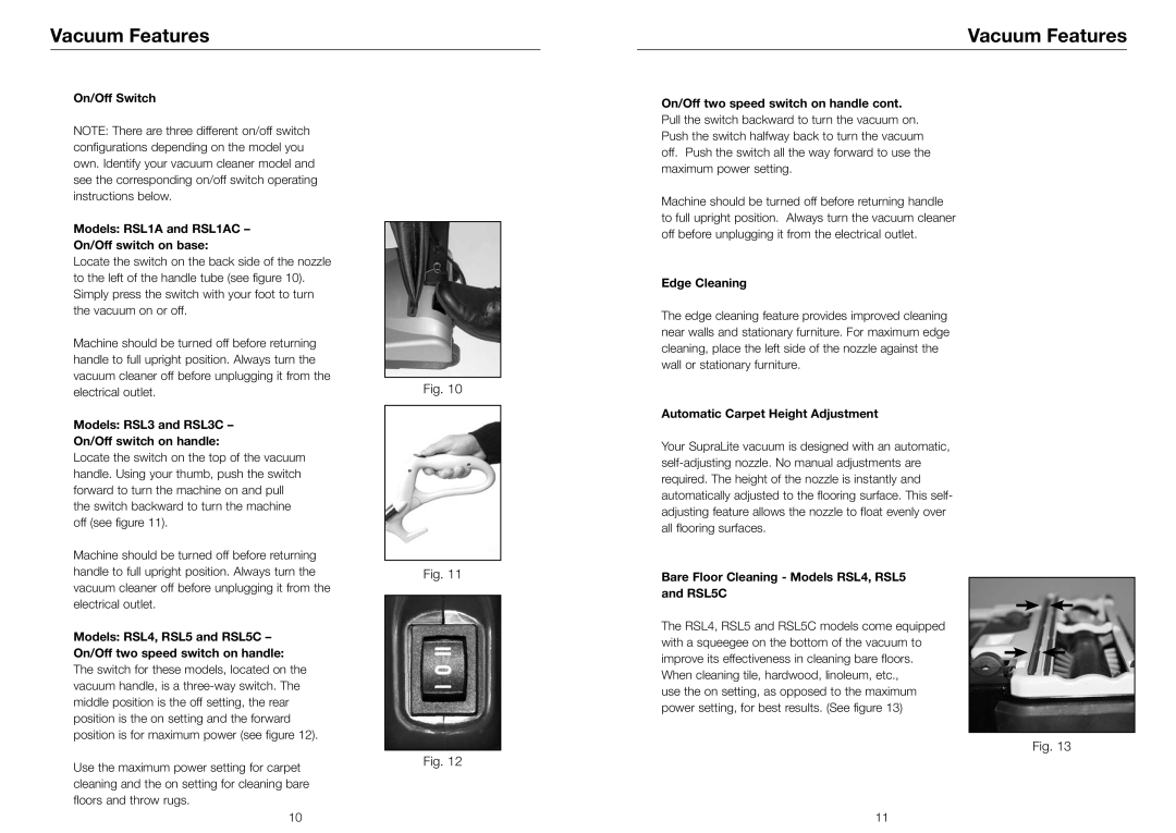 Riccar RSL1AC, RSL4, RSL3C, RSL5C owner manual Vacuum Features 