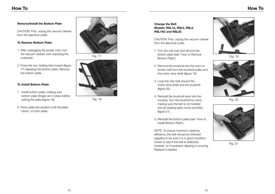 Riccar RSL4, RSL3C, RSL5C, RSL1AC Remove/Install the Bottom Plate, To Remove Bottom Plate, To Install Bottom Plate 