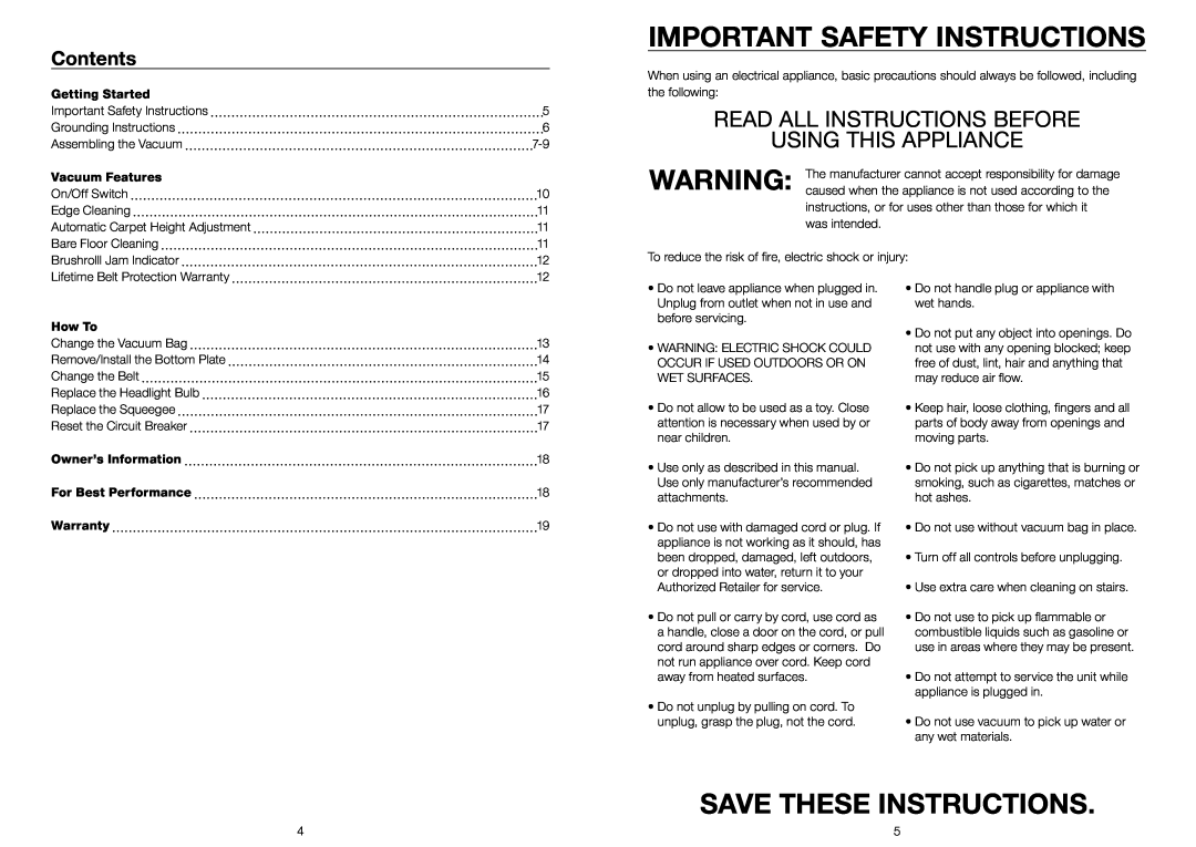 Riccar RSL3C Contents, Important Safety Instructions, Save These Instructions, Getting Started, Vacuum Features, How To 