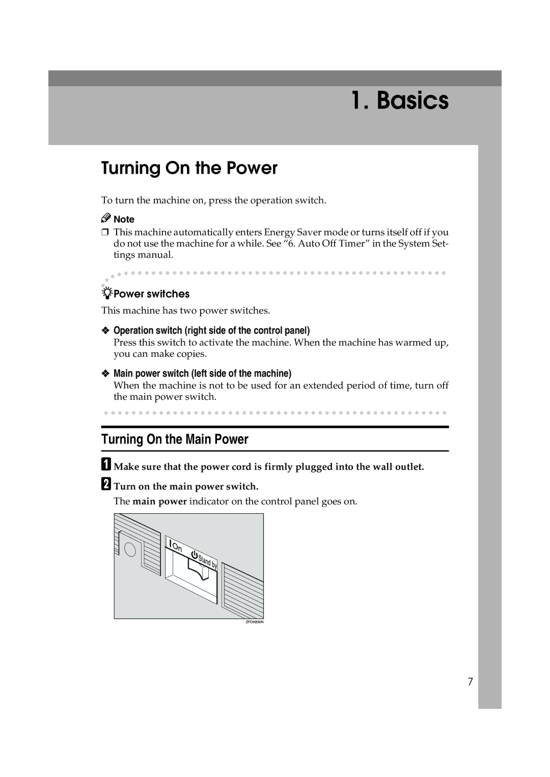 Ricoh 1013F manual Turning On the Power, Turning On the Main Power, Operation switch right side of the control panel 