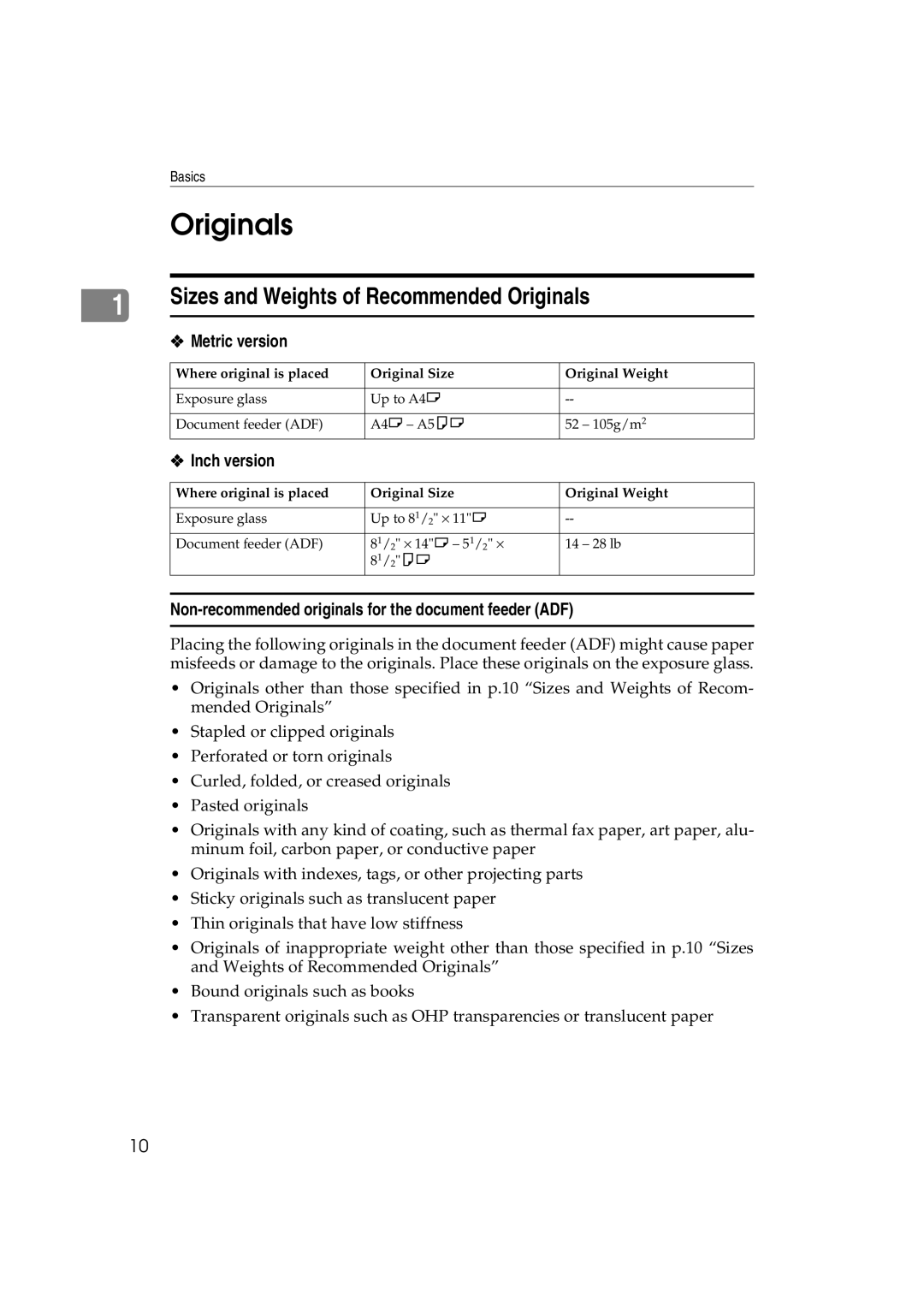 Ricoh 1013F manual Originals, Metric version, Inch version, Non-recommended originals for the document feeder ADF 