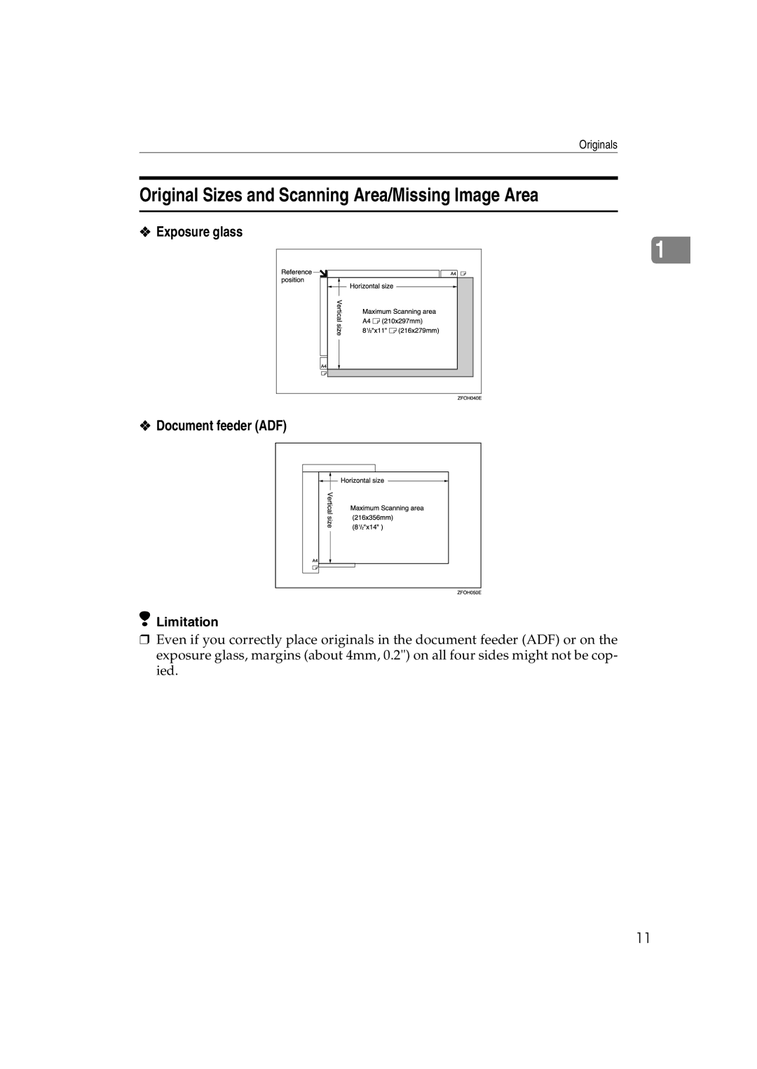 Ricoh 1013F manual Original Sizes and Scanning Area/Missing Image Area, Exposure glass Document feeder ADF 