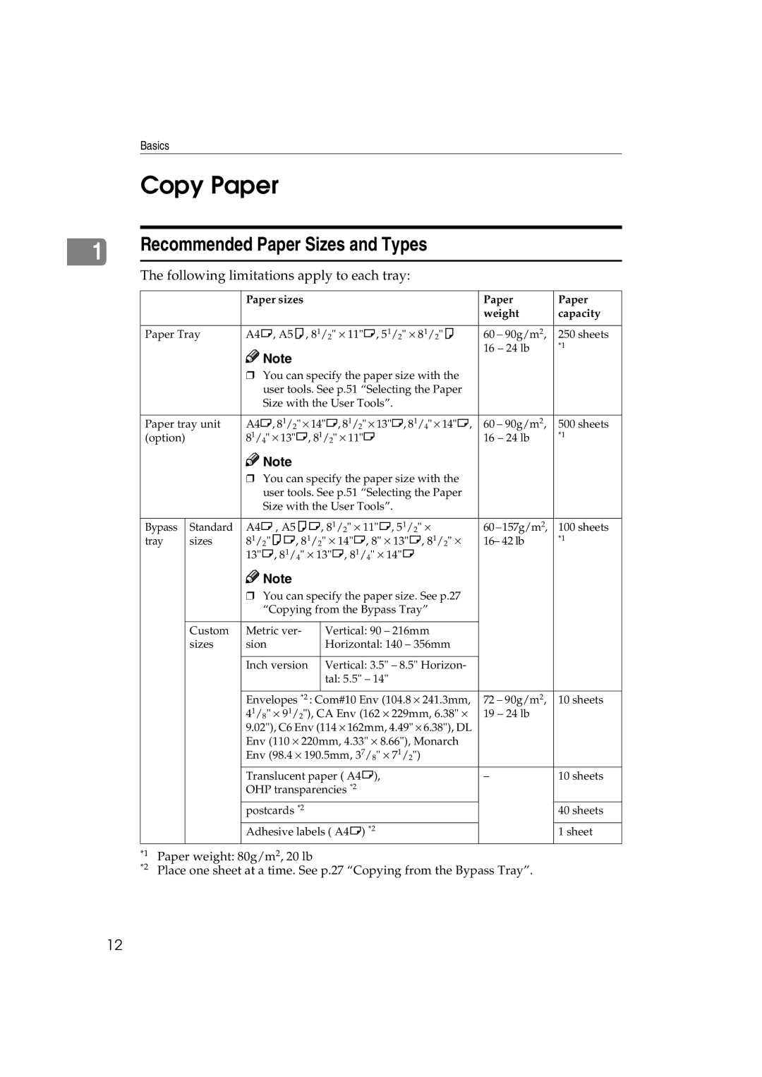 Ricoh 1013F manual Copy Paper, Recommended Paper Sizes and Types 