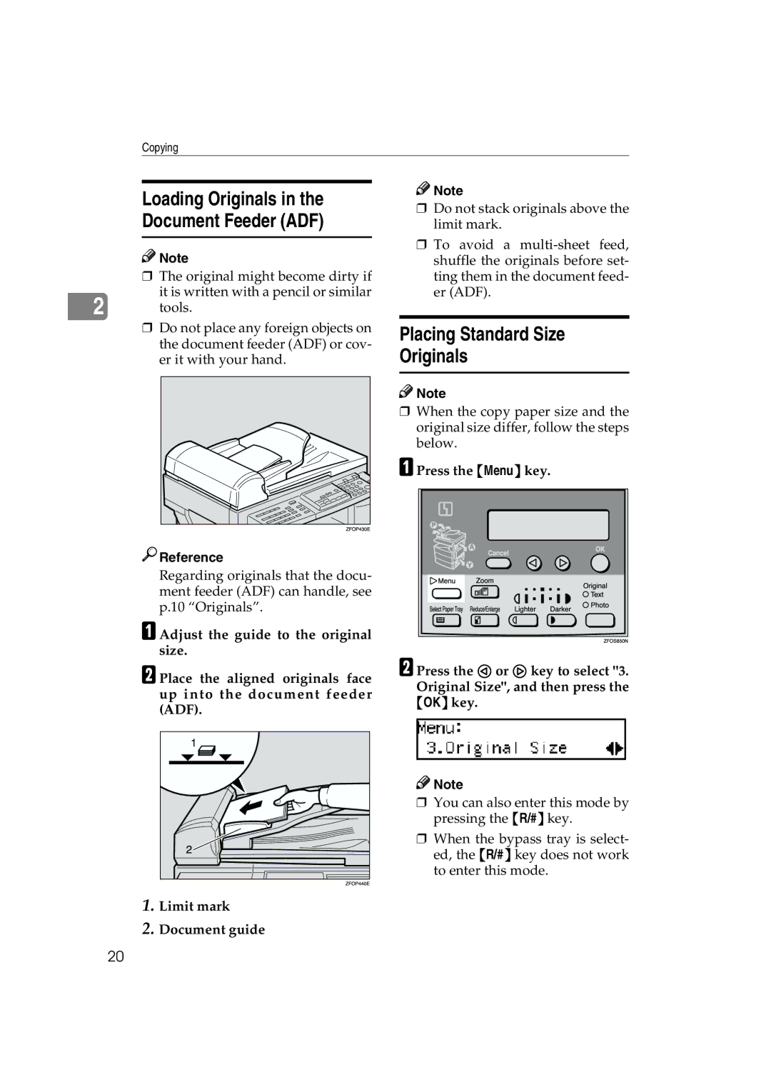 Ricoh 1013F manual Loading Originals Document Feeder ADF, Placing Standard Size Originals, Limit mark Document guide 