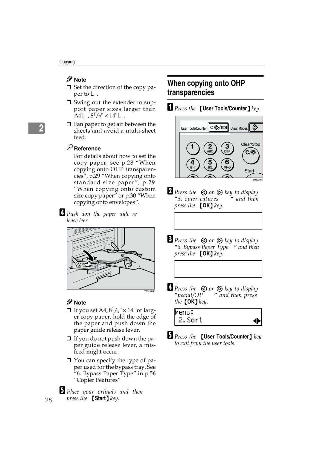 Ricoh 1013F manual When copying onto OHP transparencies, Push down the paper guide re- lease lever 