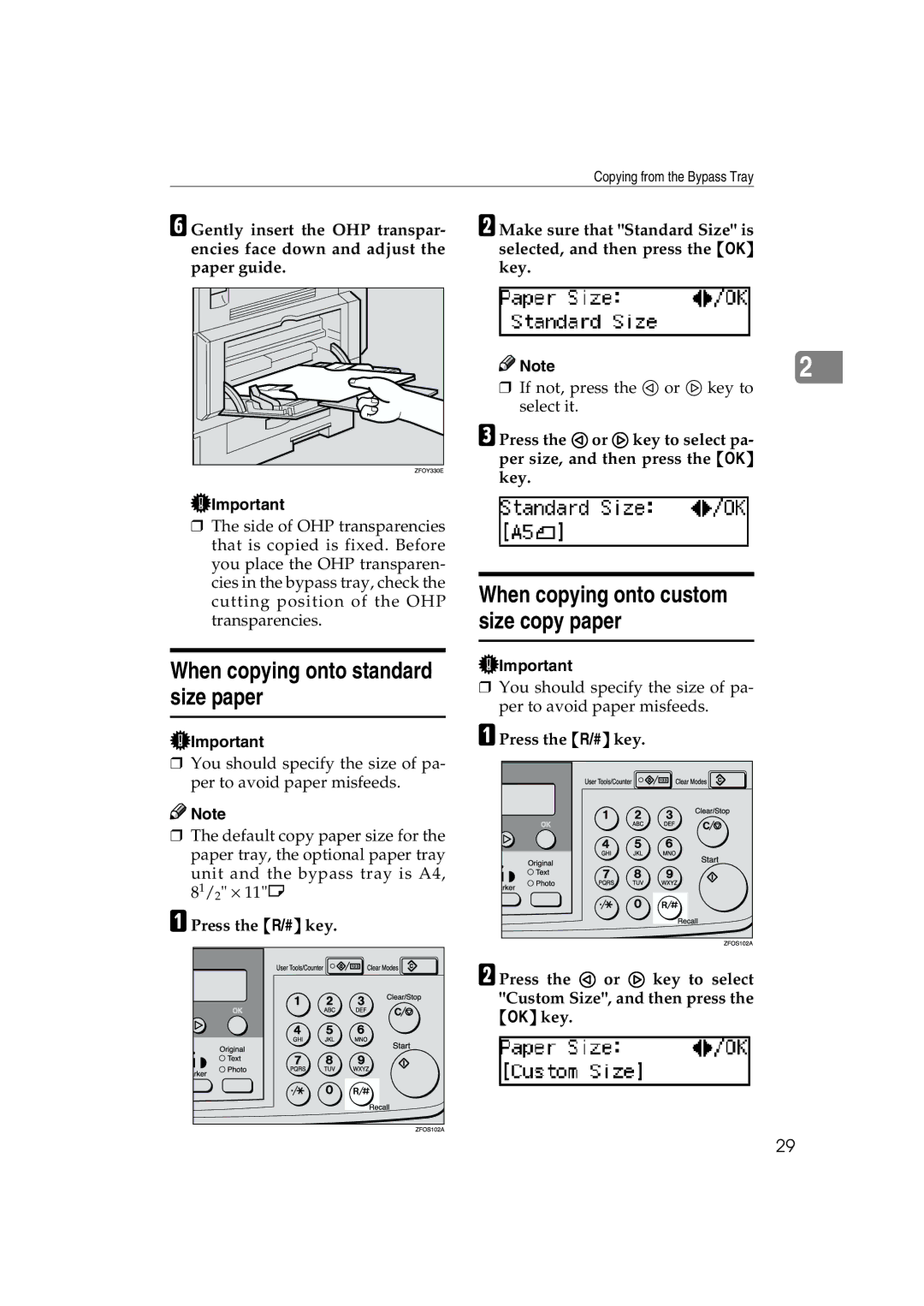 Ricoh 1013F manual When copying onto standard size paper, When copying onto custom size copy paper, Press the R/# key 