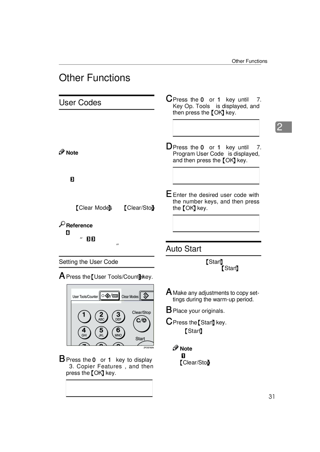 Ricoh 1013F manual Other Functions, User Codes, Auto Start, Setting the User Code 