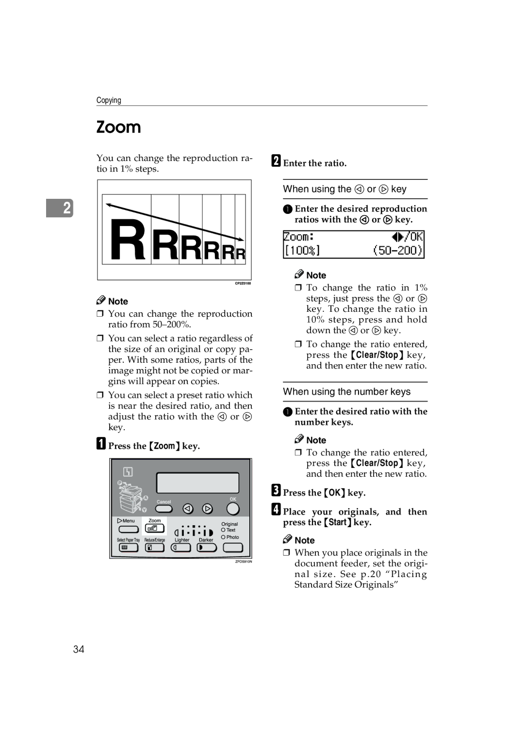 Ricoh 1013F manual Press the Zoom key Enter the ratio, Enter the desired reproduction ratios with the 0 or 1 key 