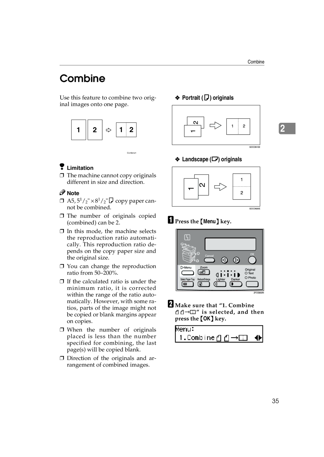 Ricoh 1013F manual Combine, Portrait K originals, Landscape L originals 