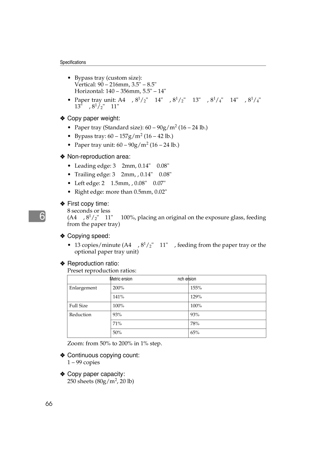 Ricoh 1013F manual Copy paper weight, Non-reproduction area, First copy time, Copying speed, Reproduction ratio 