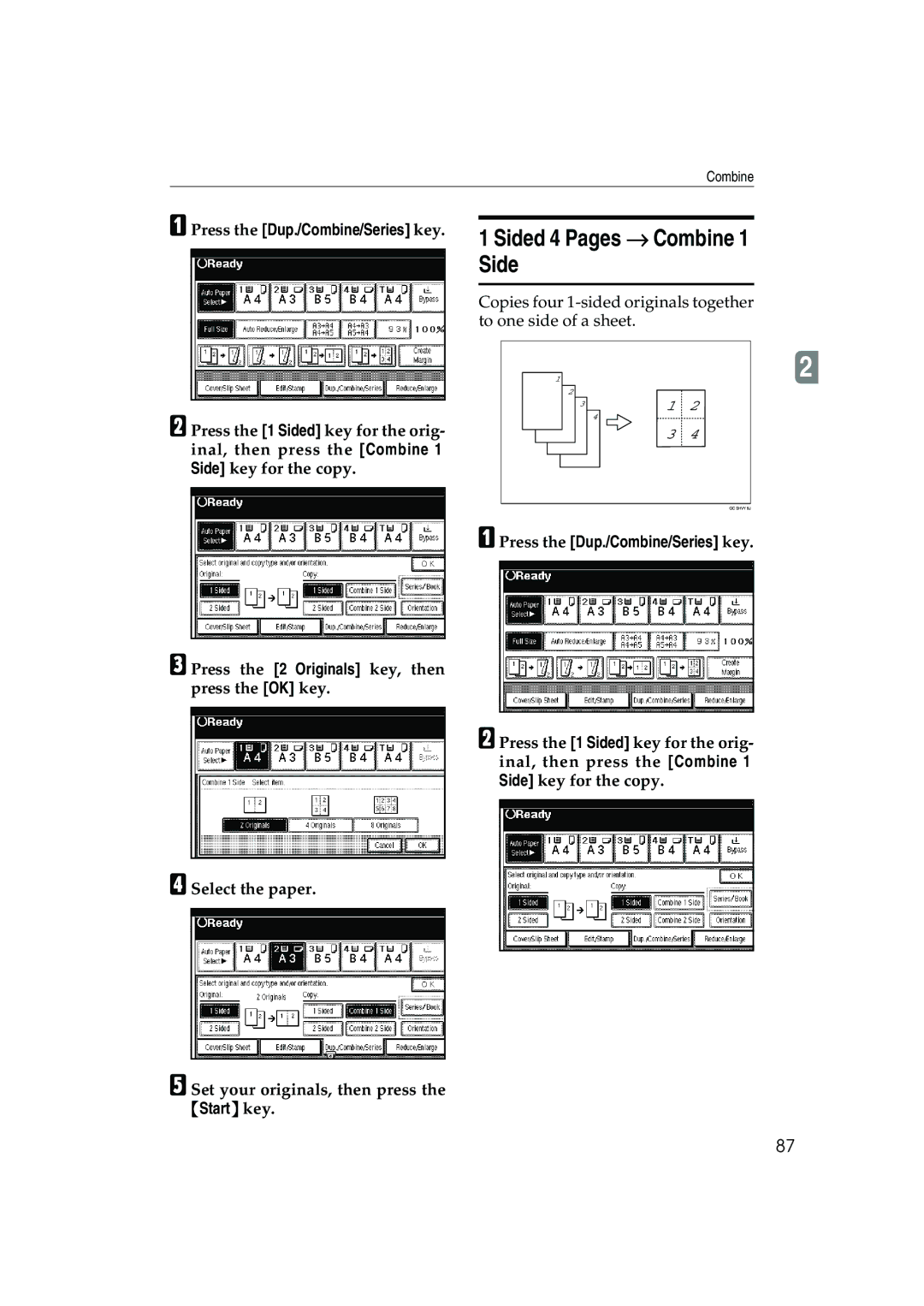 Ricoh 1035, 1045 operating instructions Sided 4 Pages → Combine, Press the Dup./Combine/Series key 