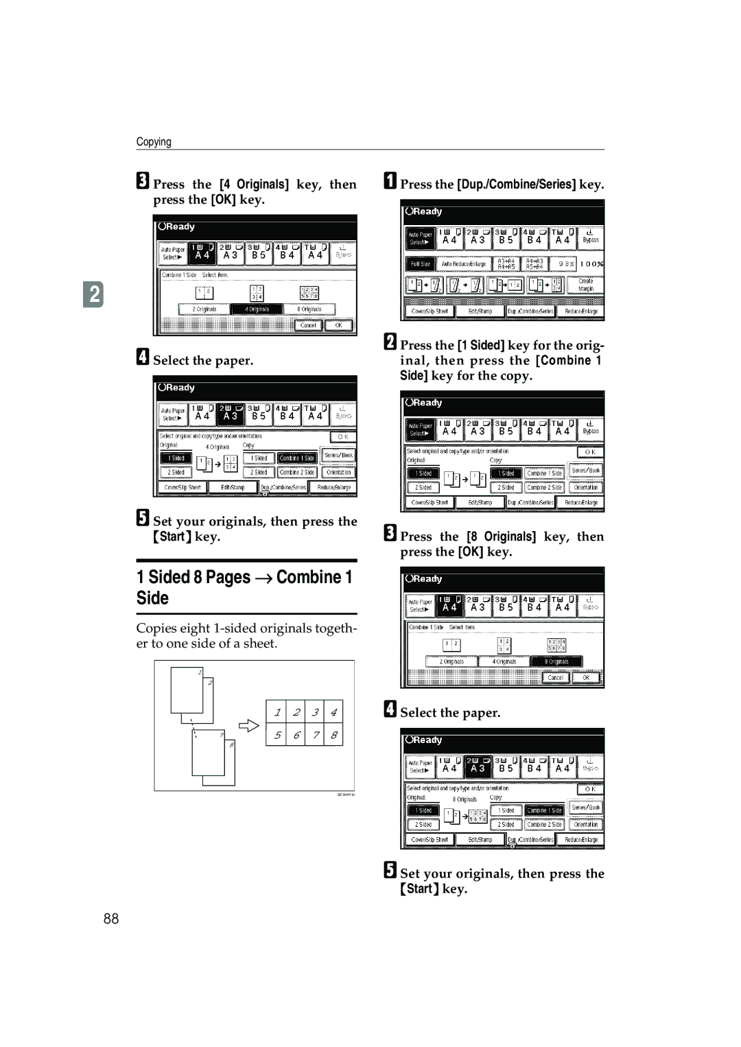 Ricoh 1045, 1035 operating instructions Side, Press the 4 Originals key, then 