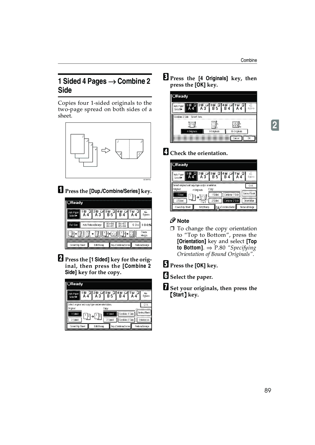 Ricoh 1035, 1045 operating instructions Side, Press the 4 Originals key, then press the OK key 