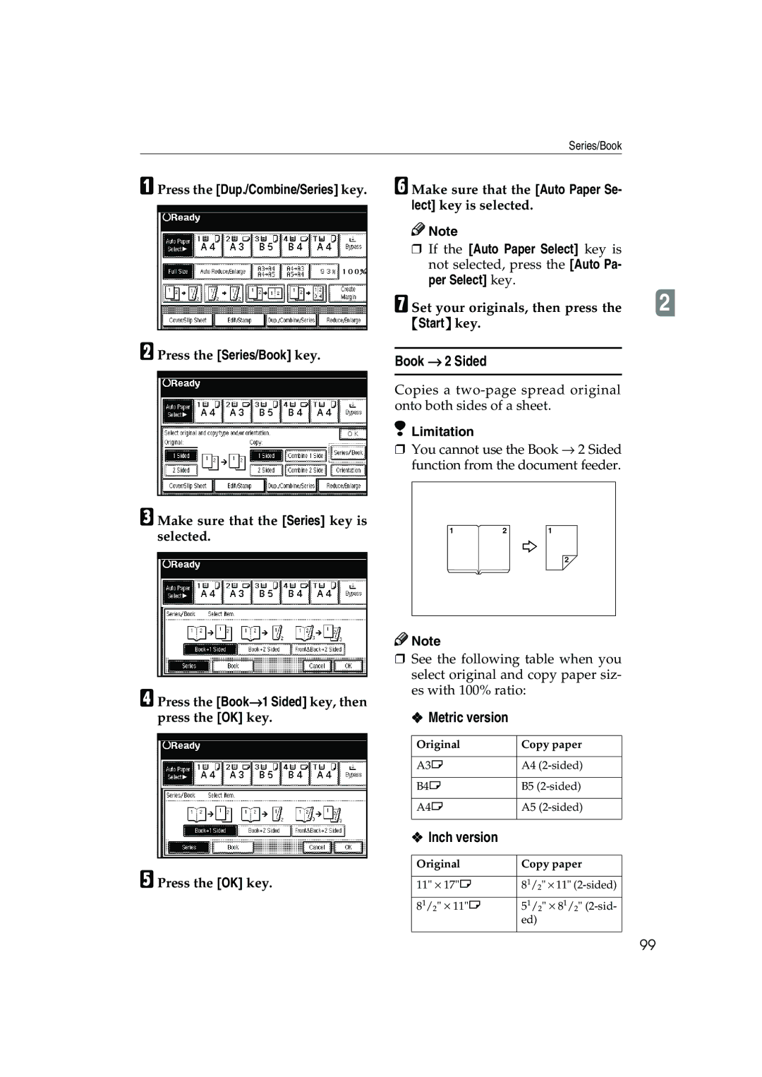 Ricoh 1035, 1045 operating instructions Book → 2 Sided, Set your originals, then press 