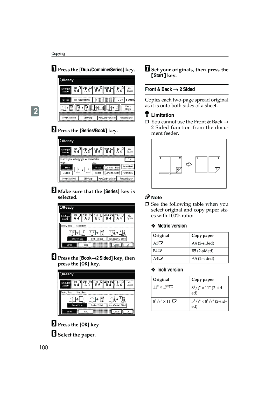 Ricoh 1045, 1035 operating instructions Front & Back → 2 Sided, 100, Press the OK key F Select the paper 