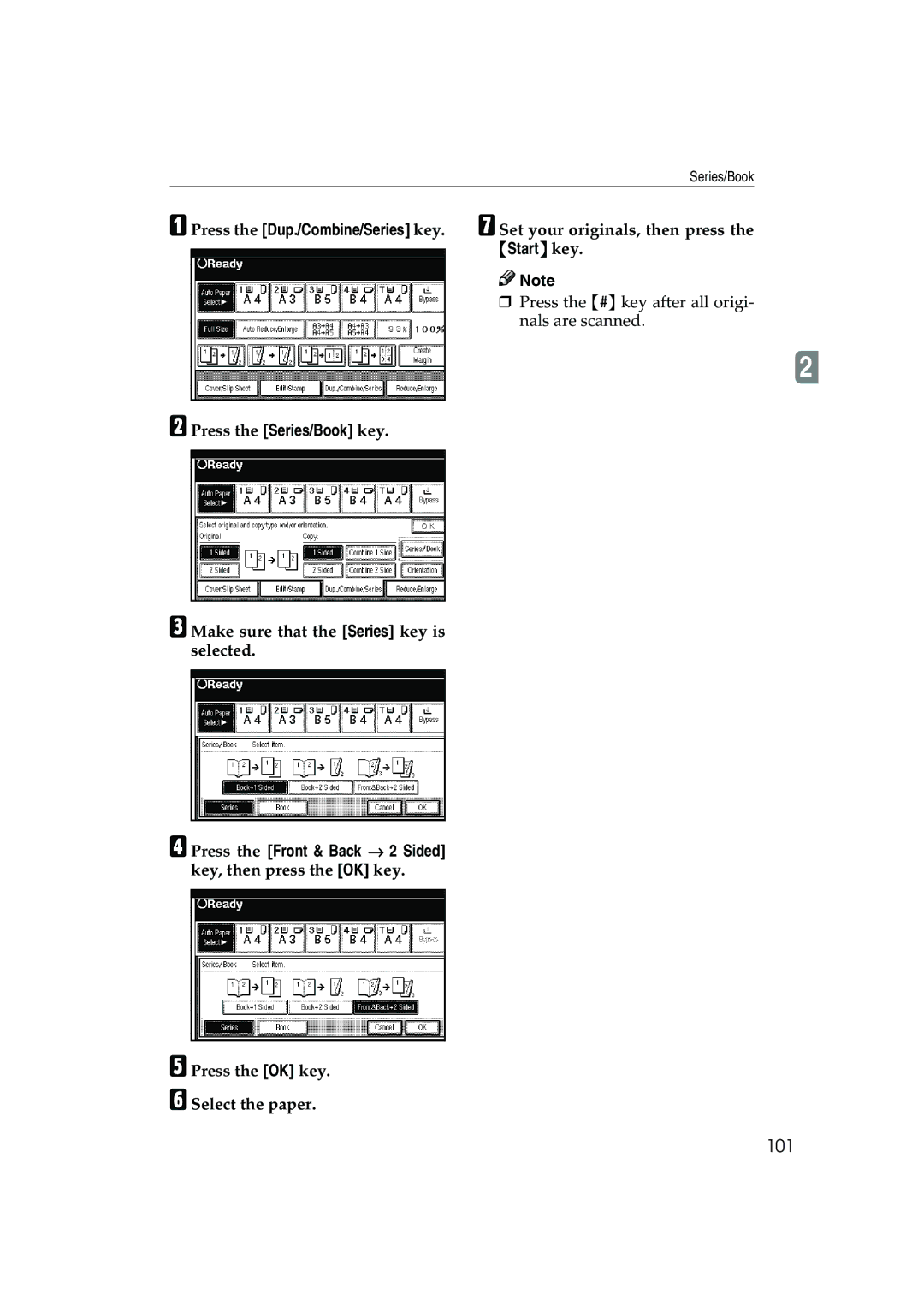 Ricoh 1035, 1045 101, Press the # key after all origi, Nals are scanned, Press the OK key Select the paper 