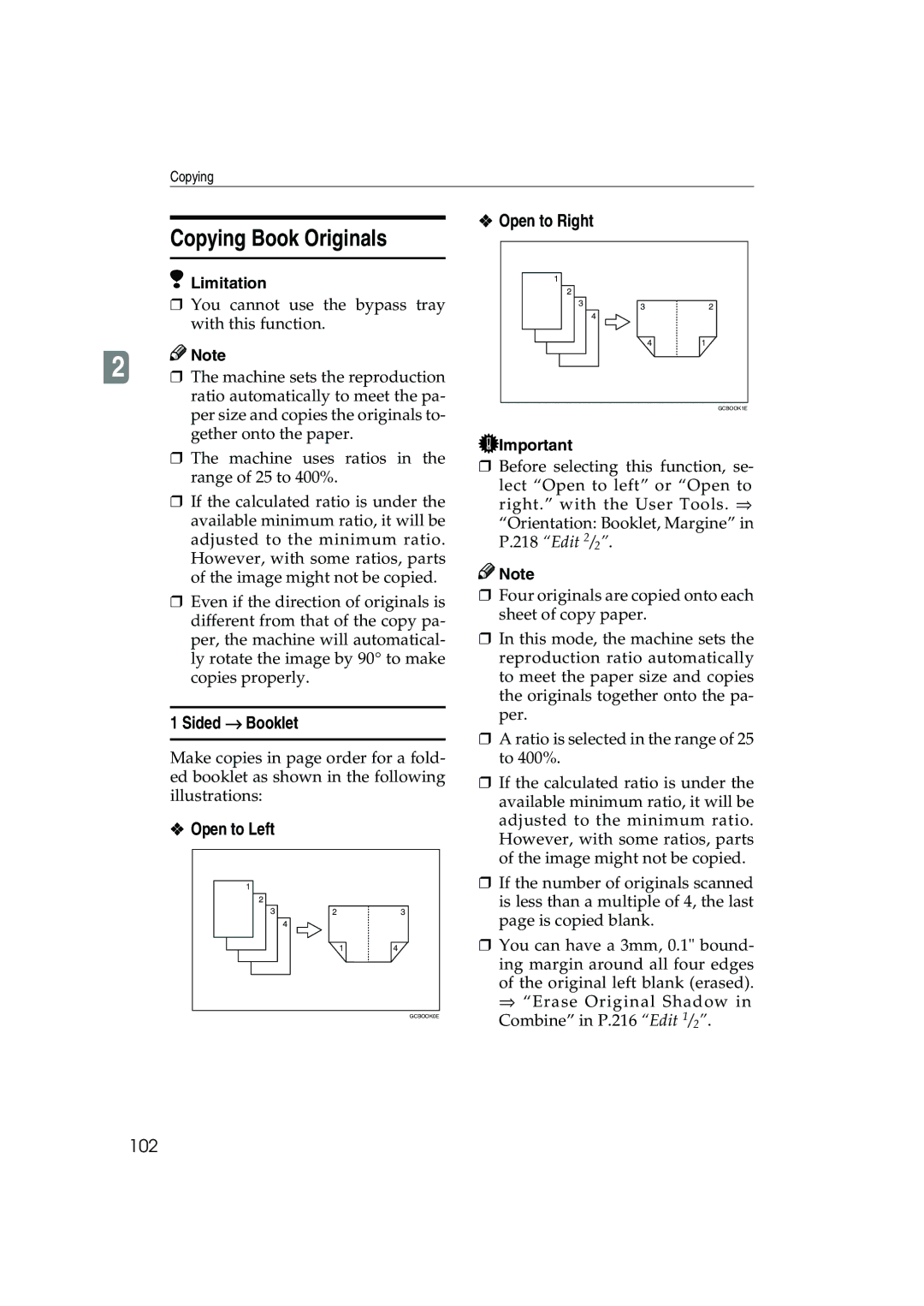 Ricoh 1045, 1035 operating instructions Copying Book Originals, Sided → Booklet, Open to Left, Open to Right, 102 