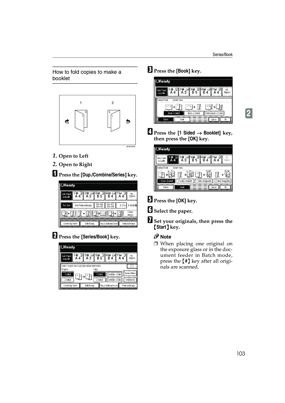 Ricoh 1035 How to fold copies to make a booklet, Open to Left Open to Right, Press the Series/Book key Press the Book key 