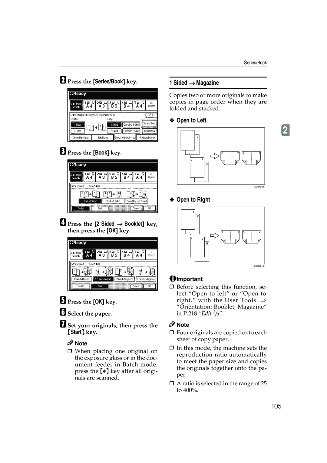 Ricoh 1035, 1045 operating instructions Sided → Magazine, 105, Press the 2 Sided → Booklet key, then press the OK key 