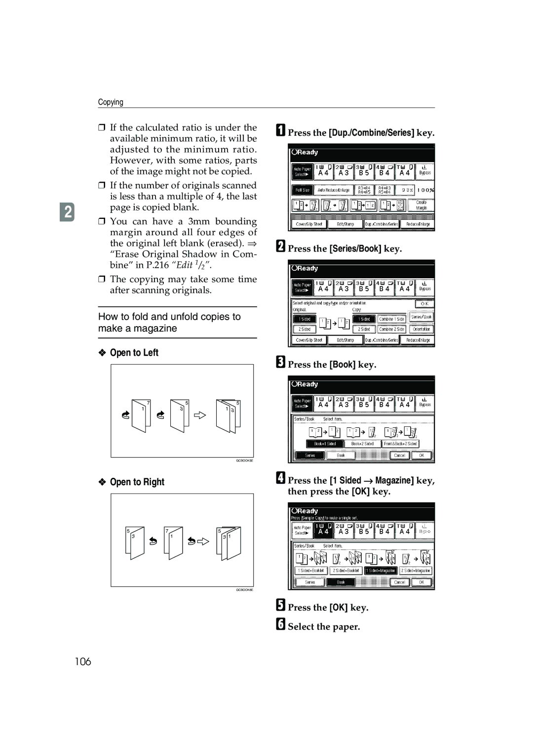 Ricoh 1045 How to fold and unfold copies to make a magazine, 106, Press the 1 Sided → Magazine key, then press the OK key 
