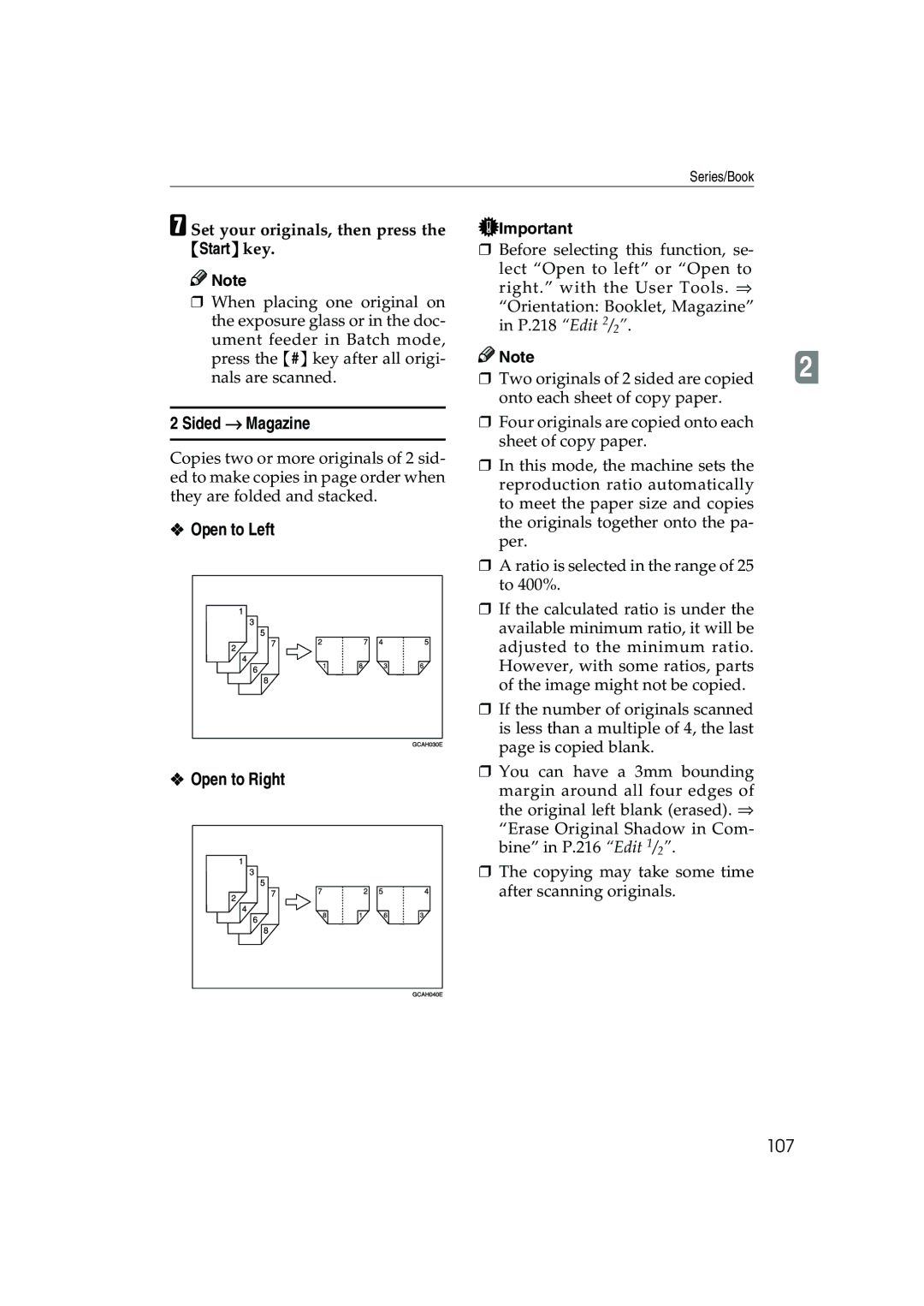 Ricoh 1035, 1045 operating instructions Open to Left Open to Right, 107 