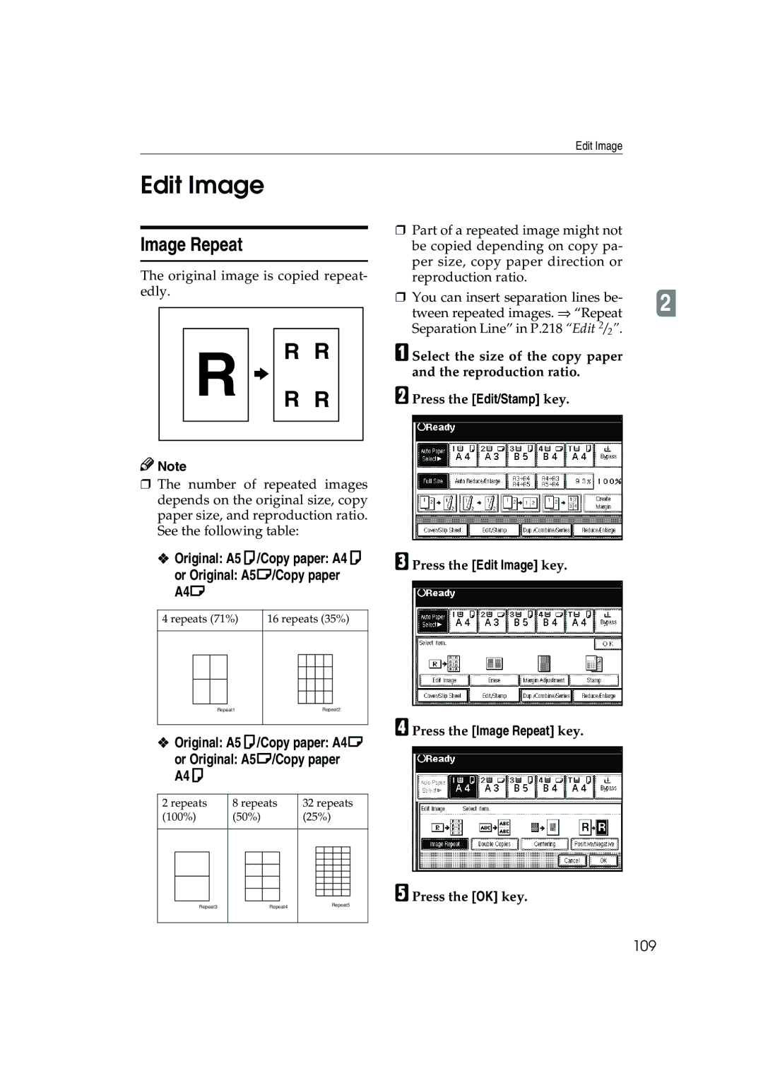 Ricoh 1035, 1045 Edit Image, Image Repeat, Original A5K/Copy paper A4K Or Original A5L/Copy paper A4L, 109 