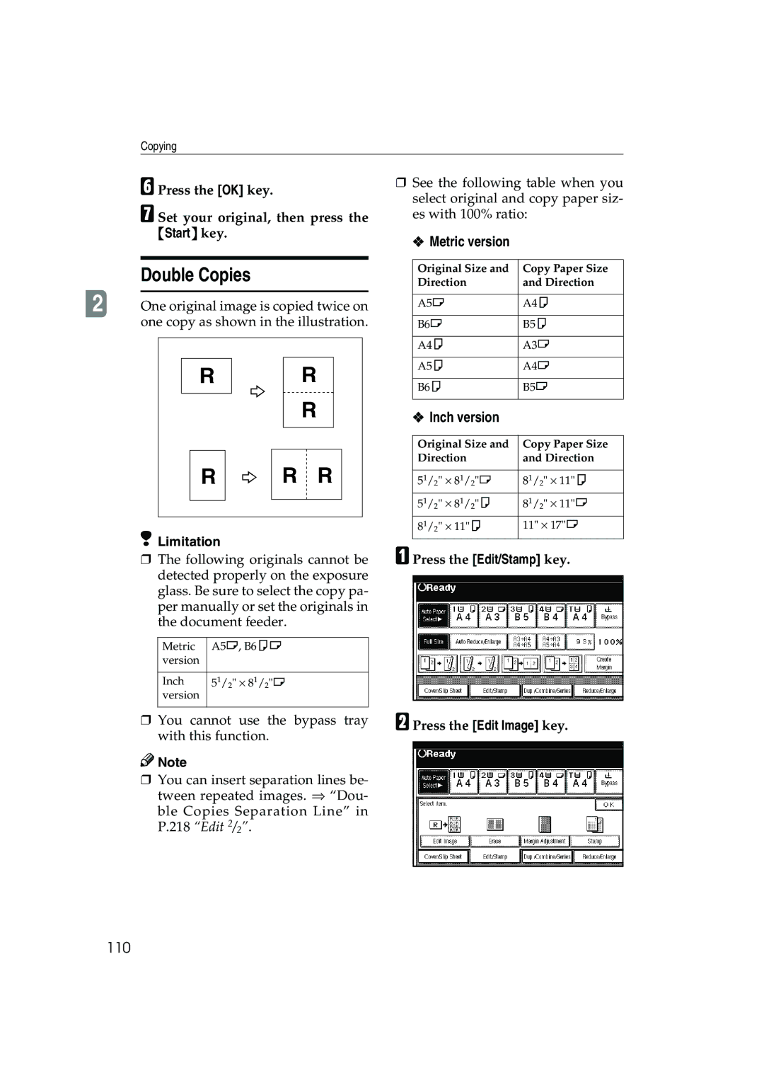 Ricoh 1045, 1035 operating instructions Double Copies, 110, Press the Edit/Stamp key Press the Edit Image key 