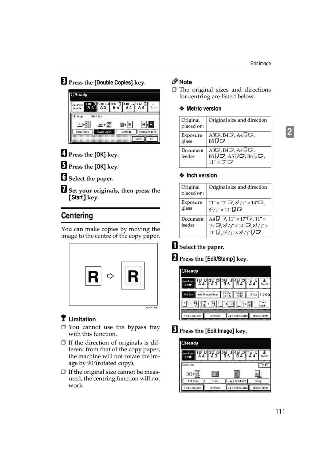 Ricoh 1035, 1045 operating instructions Centering, 111, Press the Double Copies key 