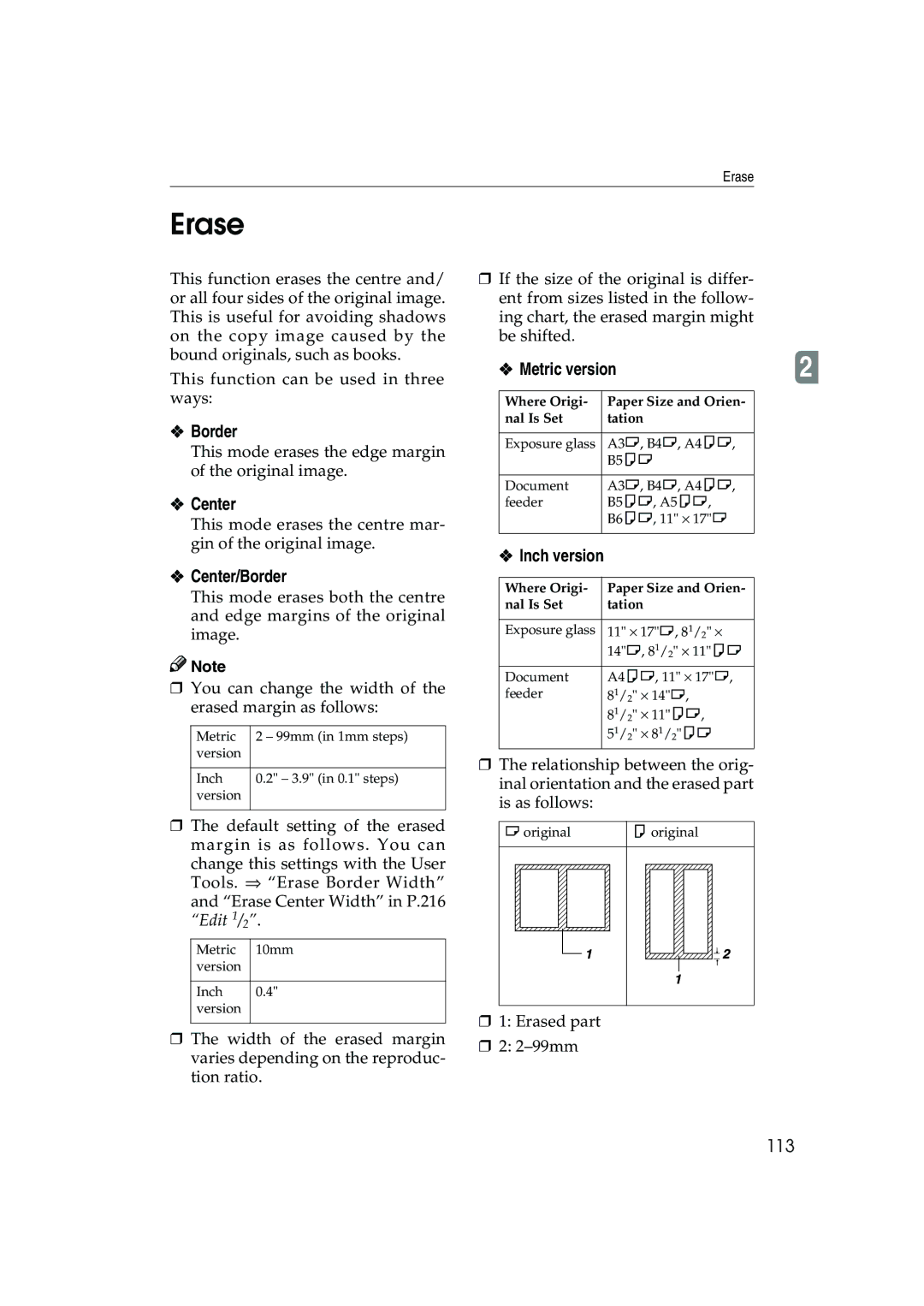 Ricoh 1035, 1045 operating instructions Erase, Center/Border, 113 